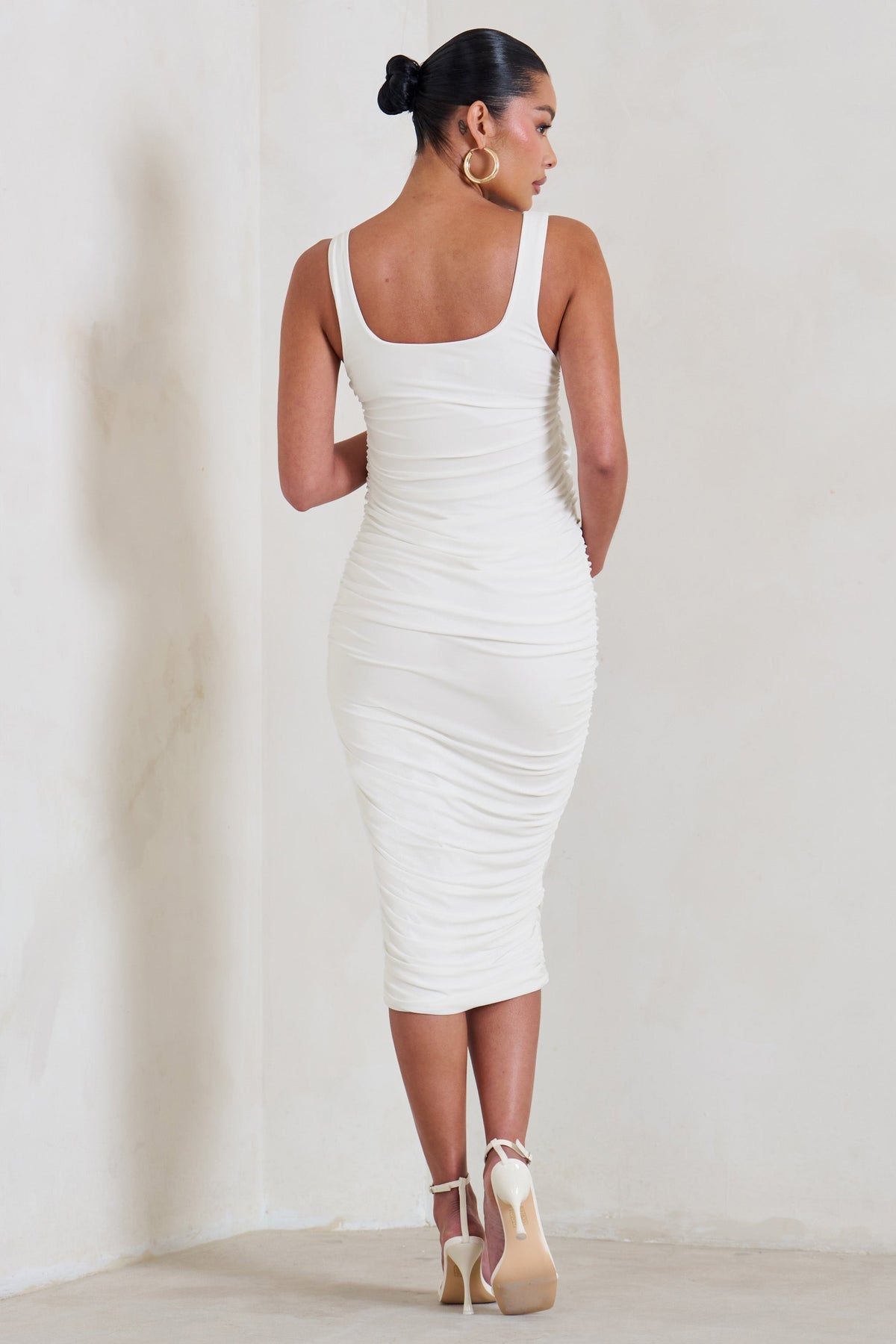 Lisbon | White Maternity Square Neck Ruched Midi Dress