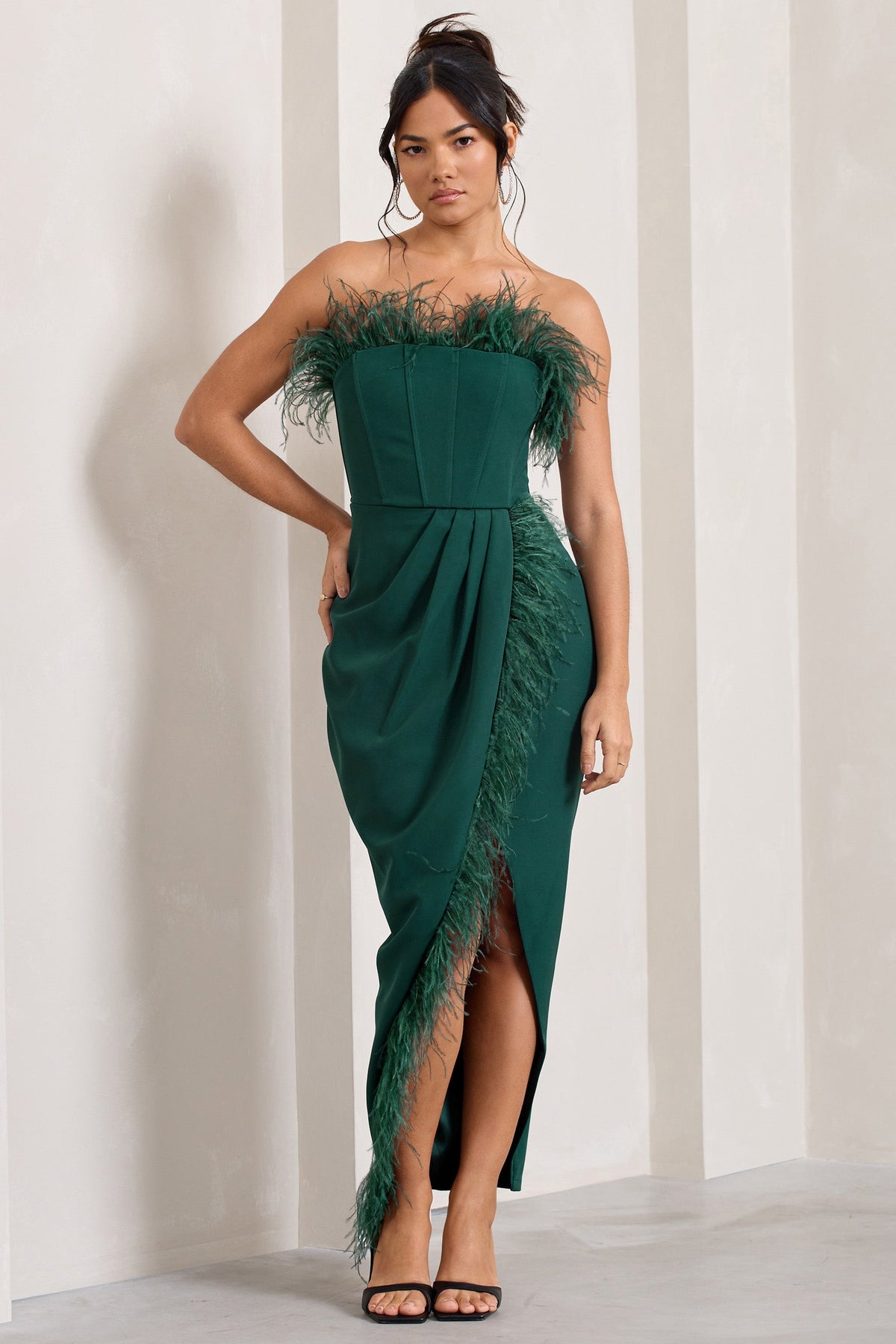 Cosmo Bottle Green Bandeau Feather Corset Split Maxi Dress Club L London - SA Cosmo Bottle Green Bandeau Feather Corset Split Maxi Dress Club L London - SA