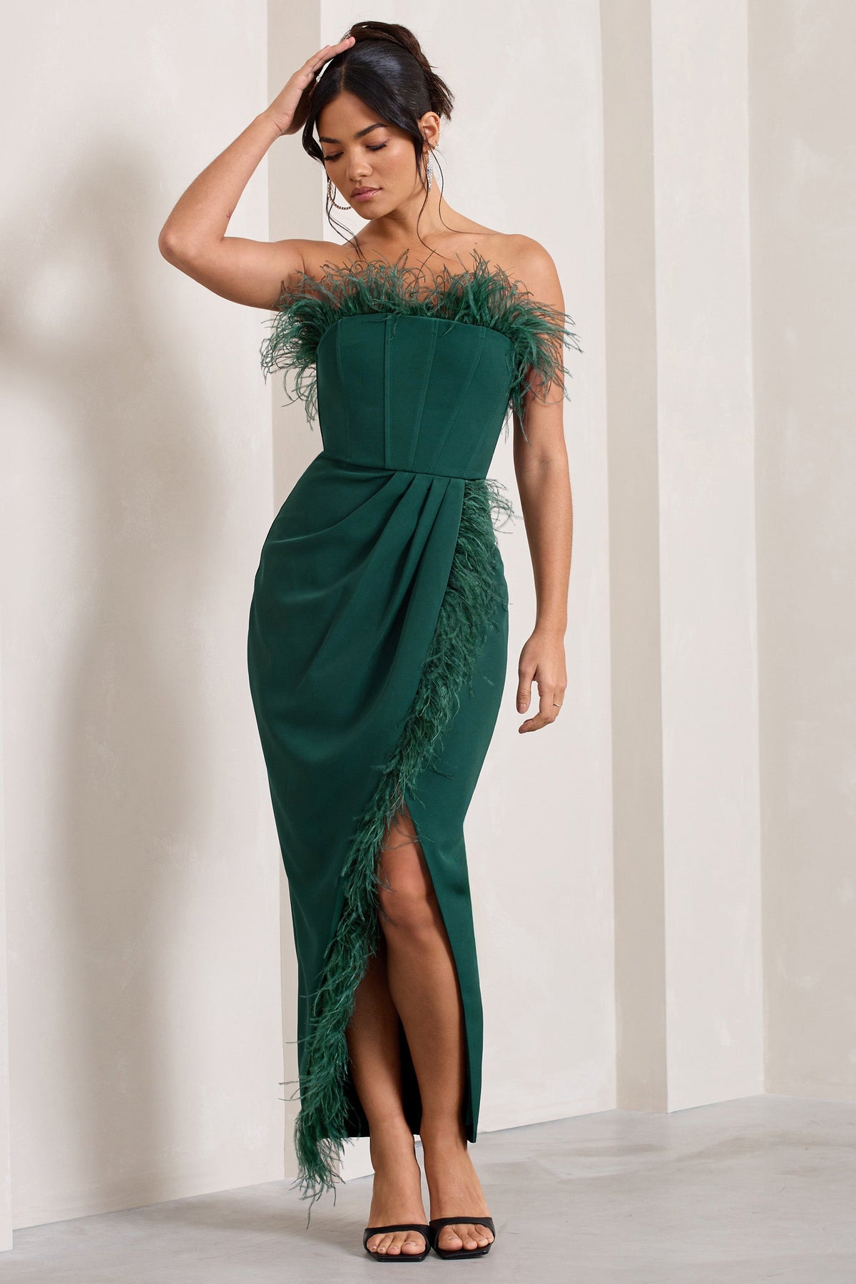 Cosmo Bottle Green Bandeau Feather Corset Split Maxi Dress Club L London - SA Cosmo Bottle Green Bandeau Feather Corset Split Maxi Dress Club L London - SA