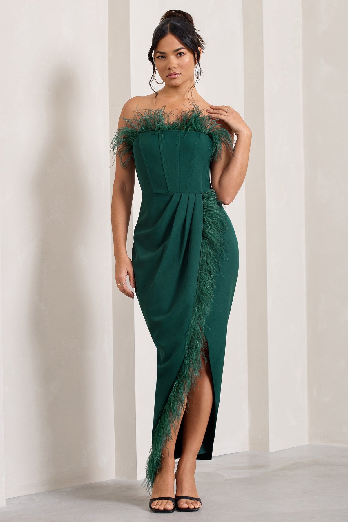 Cosmo Bottle Green Bandeau Feather Corset Split Maxi Dress Club L London - SA Cosmo Bottle Green Bandeau Feather Corset Split Maxi Dress Club L London - SA