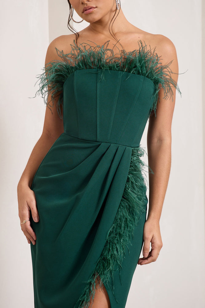 Cosmo Bottle Green Bandeau Feather Corset Split Maxi Dress – Club L London 