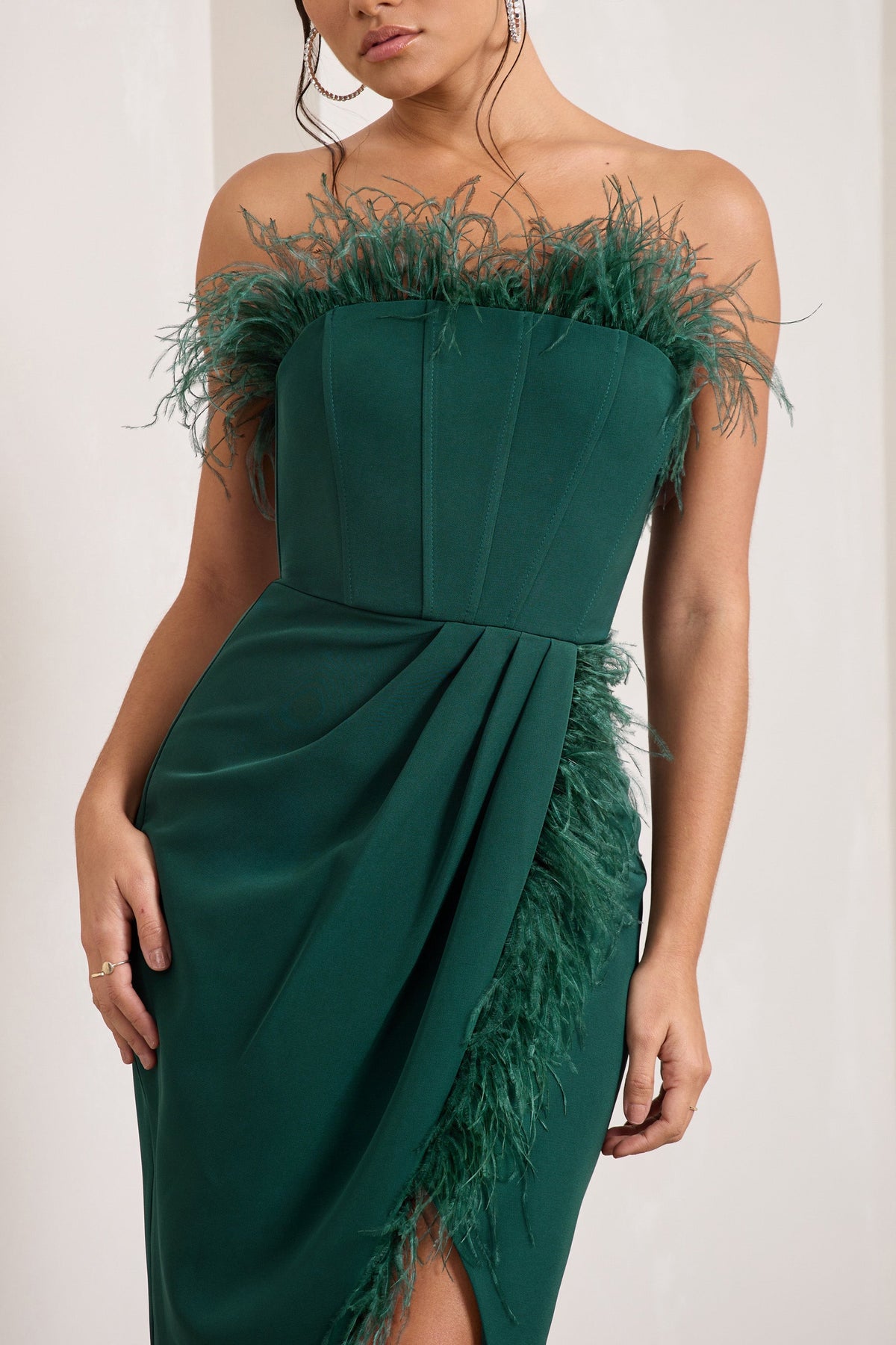 Cosmo Bottle Green Bandeau Feather Corset Split Maxi Dress Club L London - SA Cosmo Bottle Green Bandeau Feather Corset Split Maxi Dress Club L London - SA