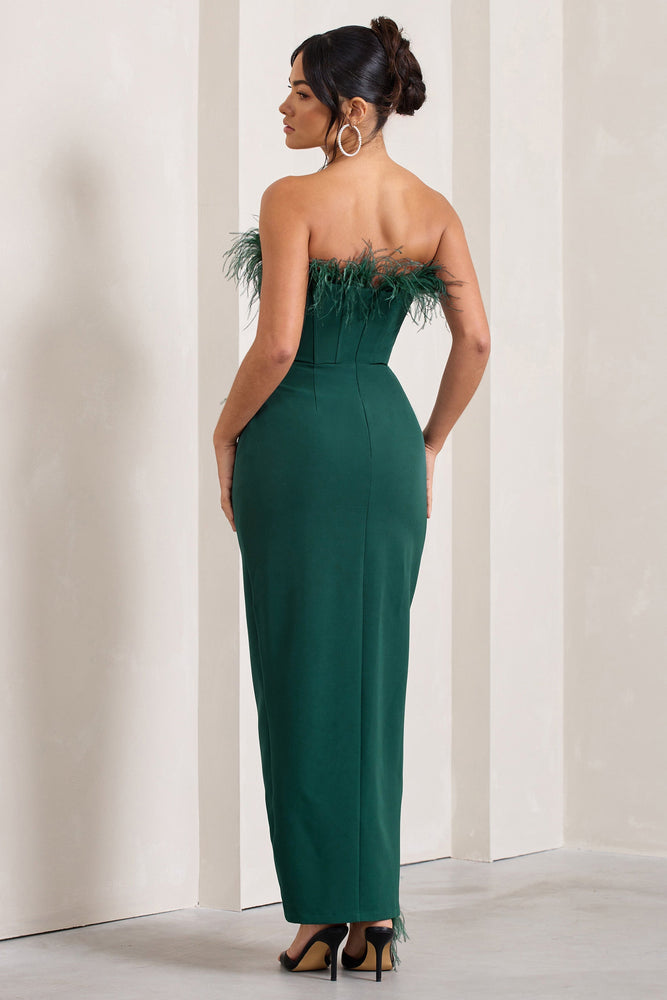 Cosmo Bottle Green Bandeau Feather Corset Split Maxi Dress – Club L London 