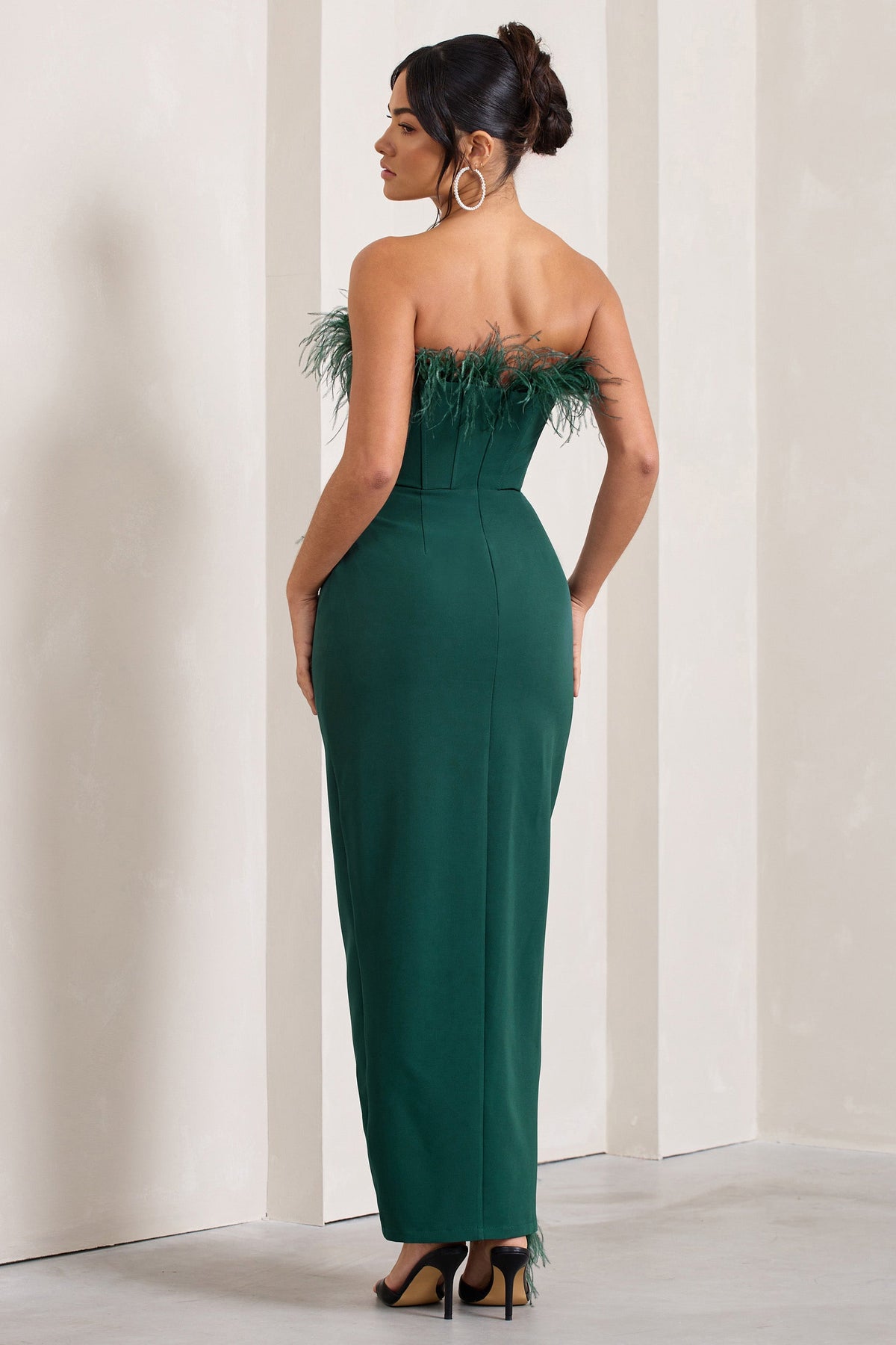Cosmo Bottle Green Bandeau Feather Corset Split Maxi Dress Club L London - SA Cosmo Bottle Green Bandeau Feather Corset Split Maxi Dress Club L London - SA