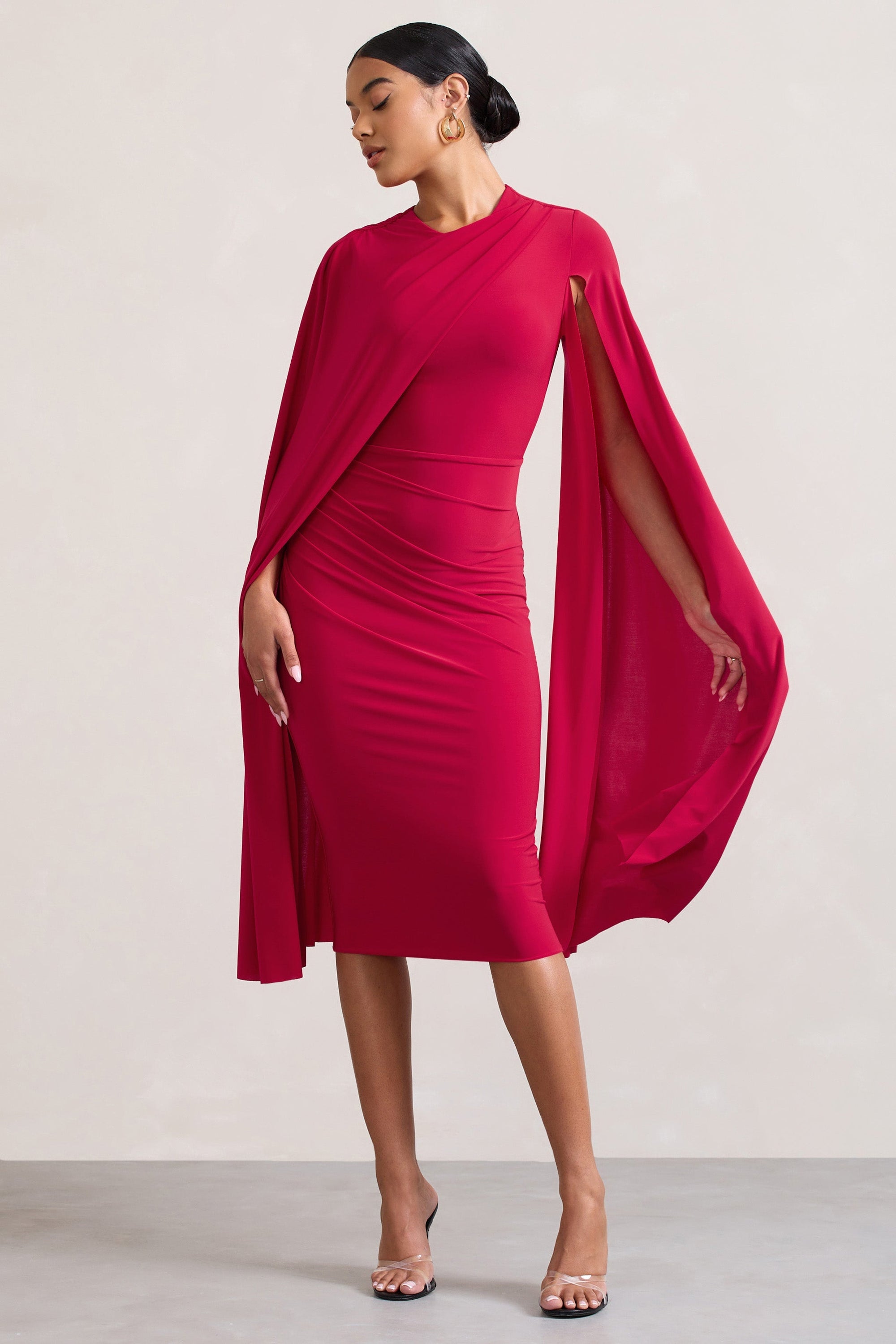 Marysol | Red Asymmetric Cape Midi Dress