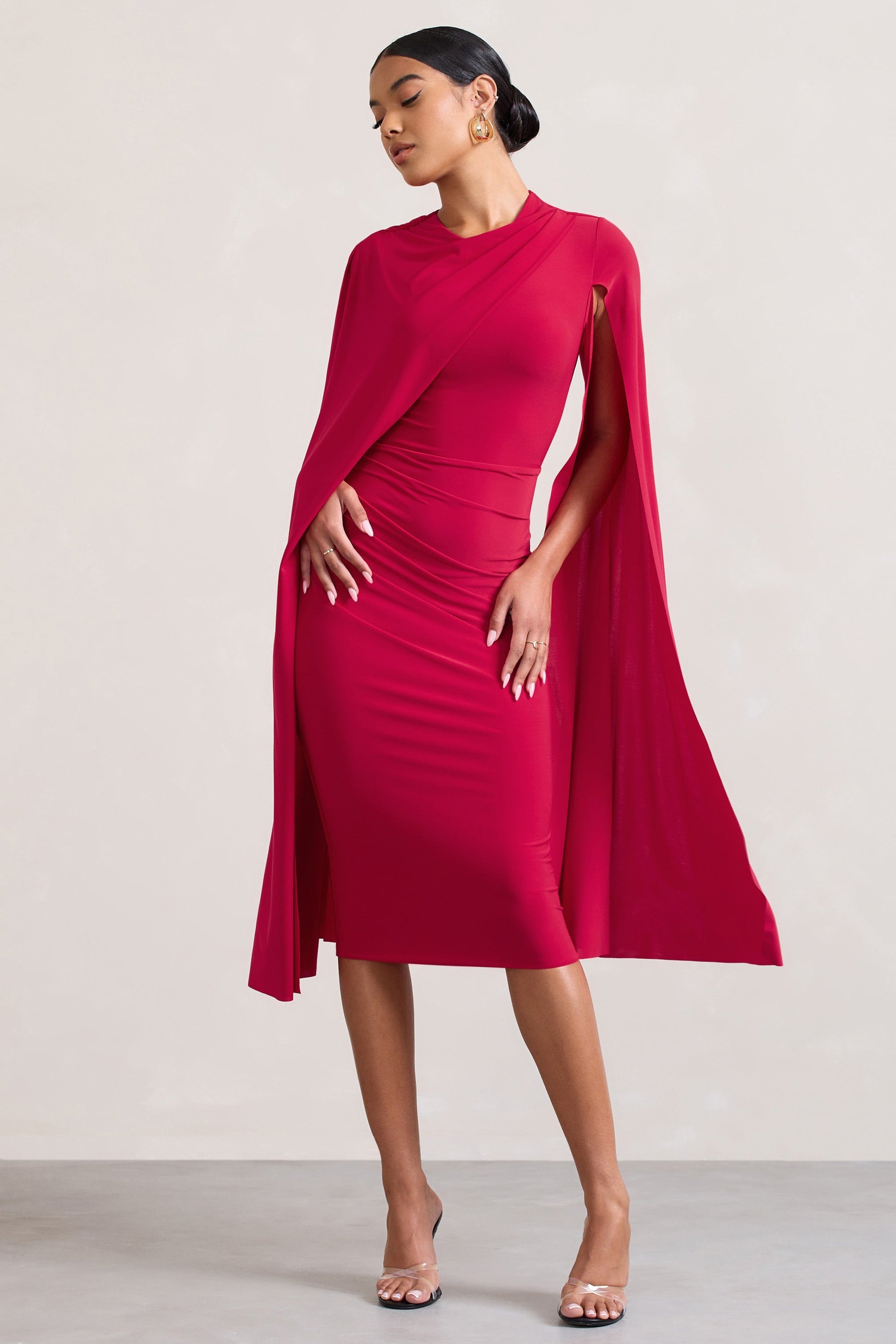 Marysol | Red Asymmetric Cape Midi Dress