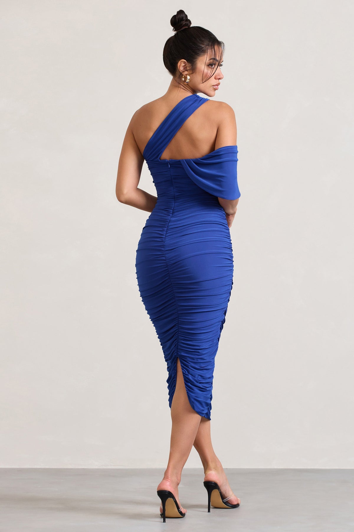 Cici | Cobalt Blue Asymmetric One Shoulder Ruched Midi Dress