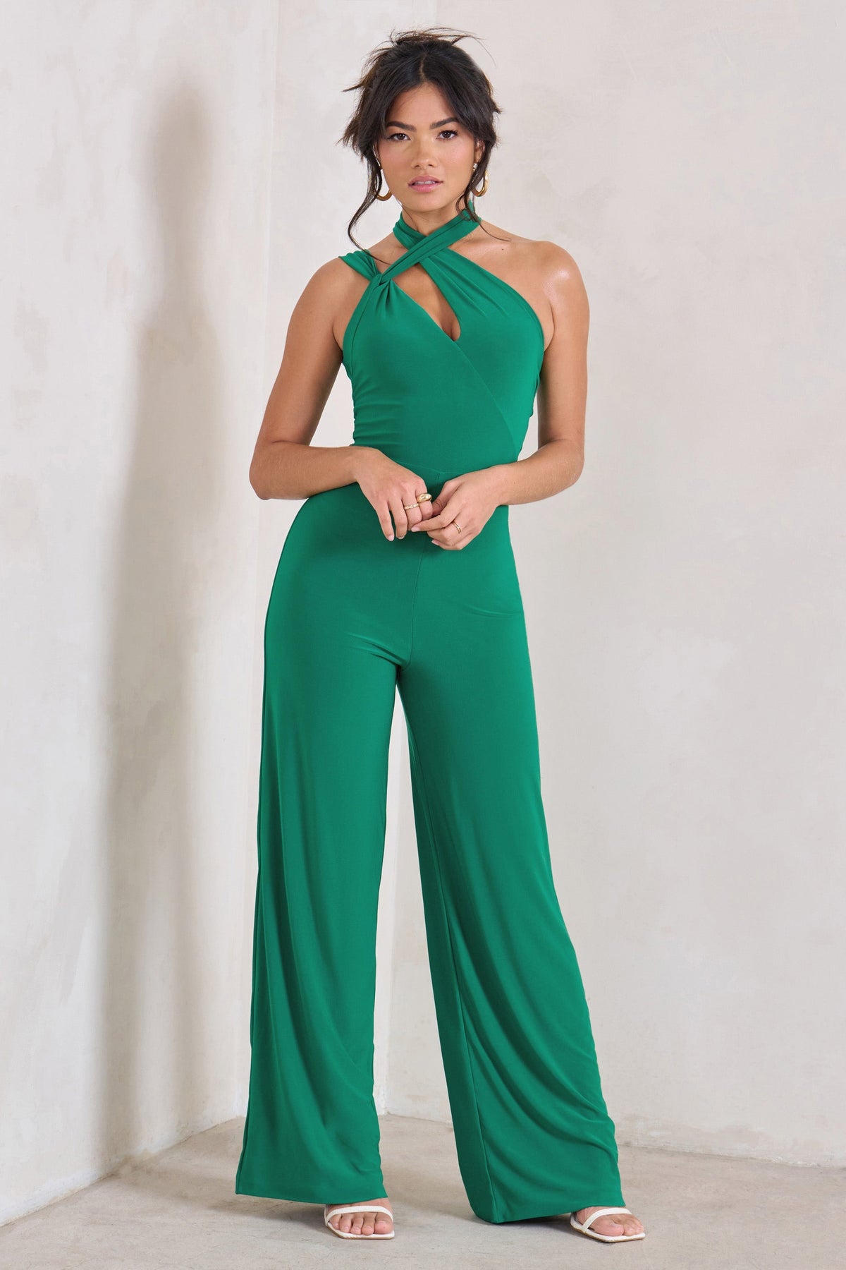 Tilly | Green Cut Out Halterneck Asymmetrical Jumpsuit