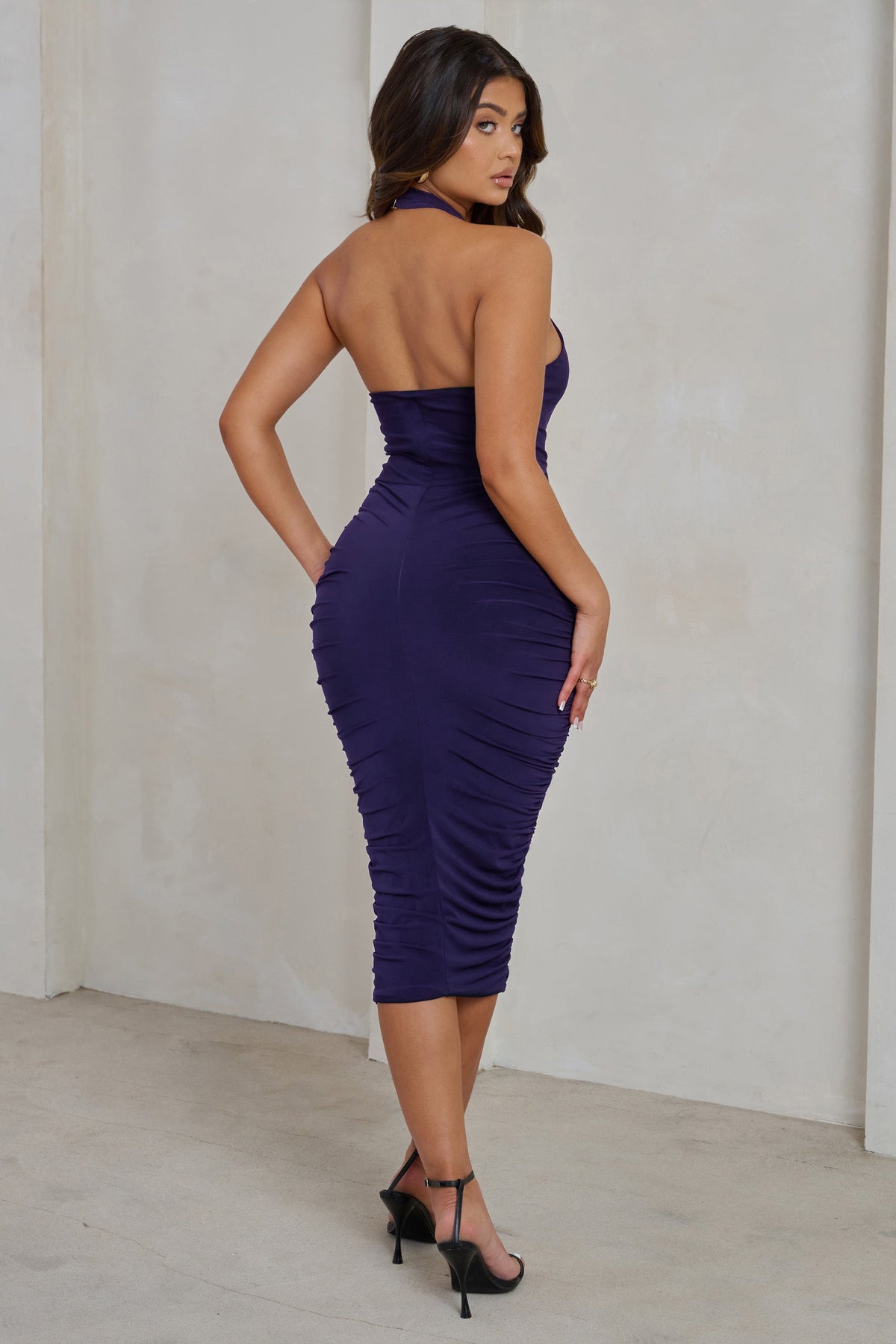 Chrissy | Purple Halterneck Ruched Midi Dress