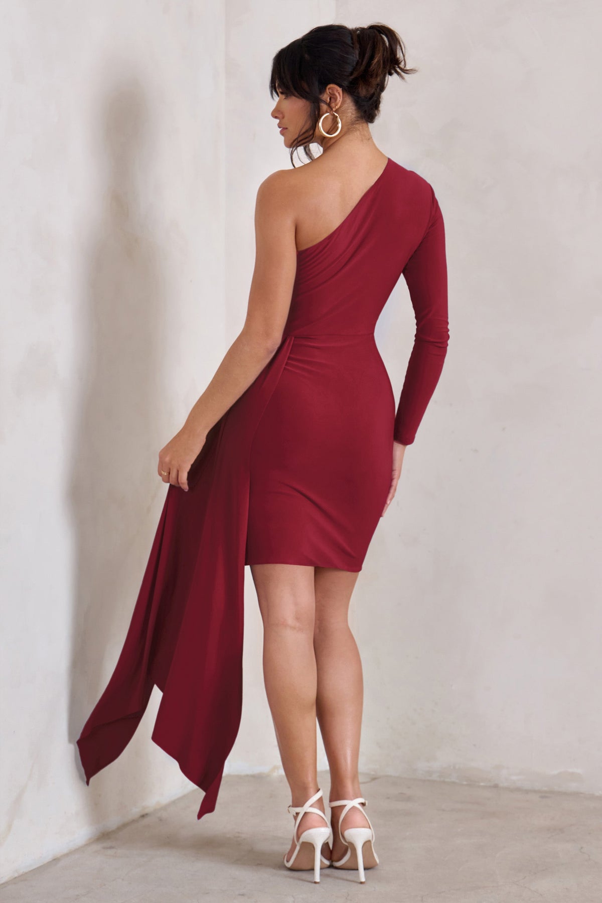 Claudina | Berry Asymmetric Long Sleeve Wrap Mini Dress With Statement Drape