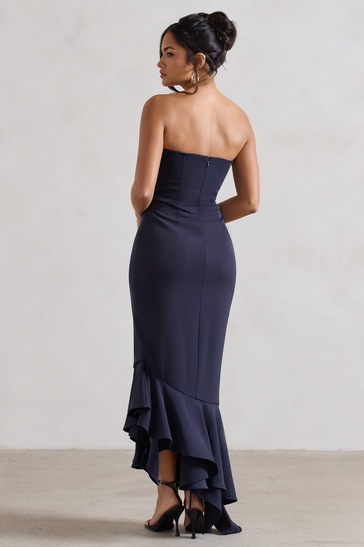 Sandy | Navy Strapless Corset Asymmetric Maxi Dress