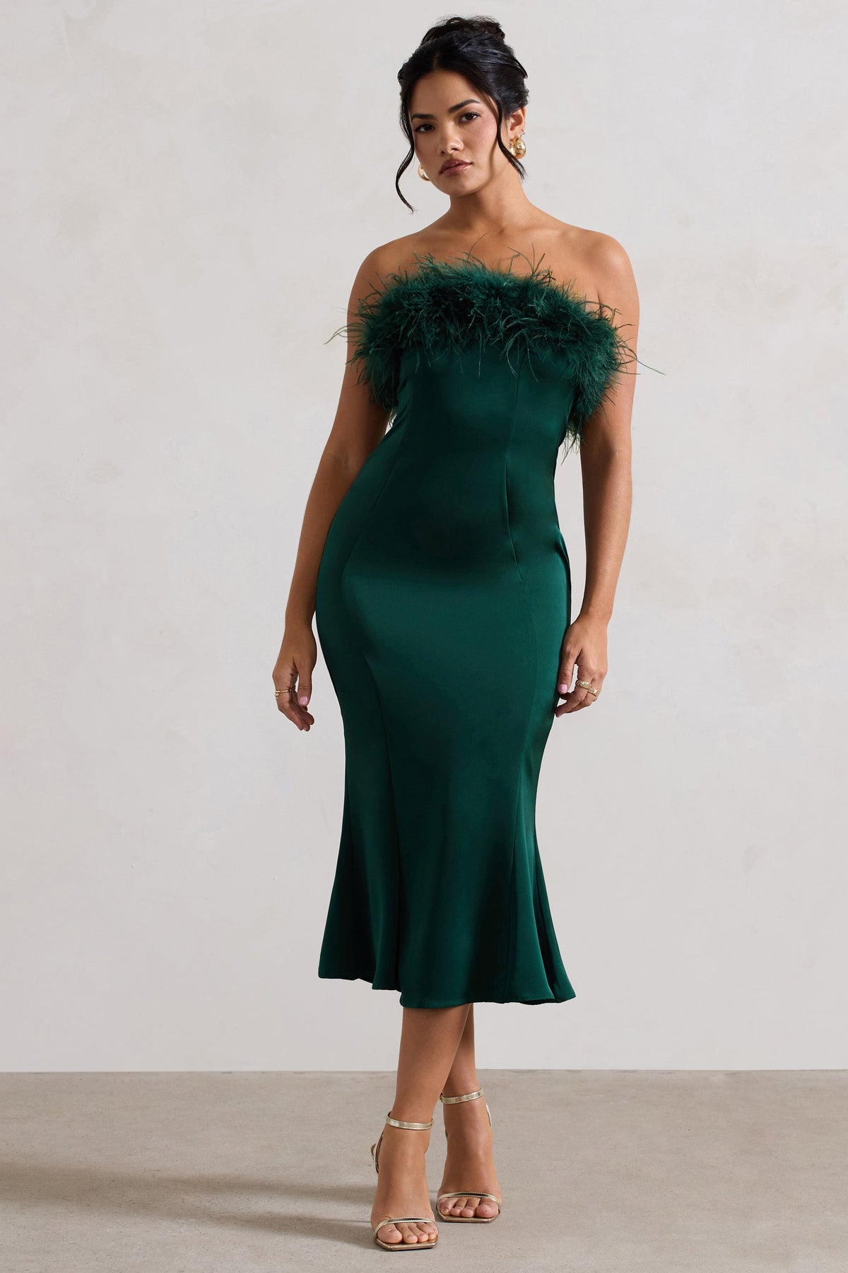 One And Only | Bottle Green Satin Feather Trim Midi Dress