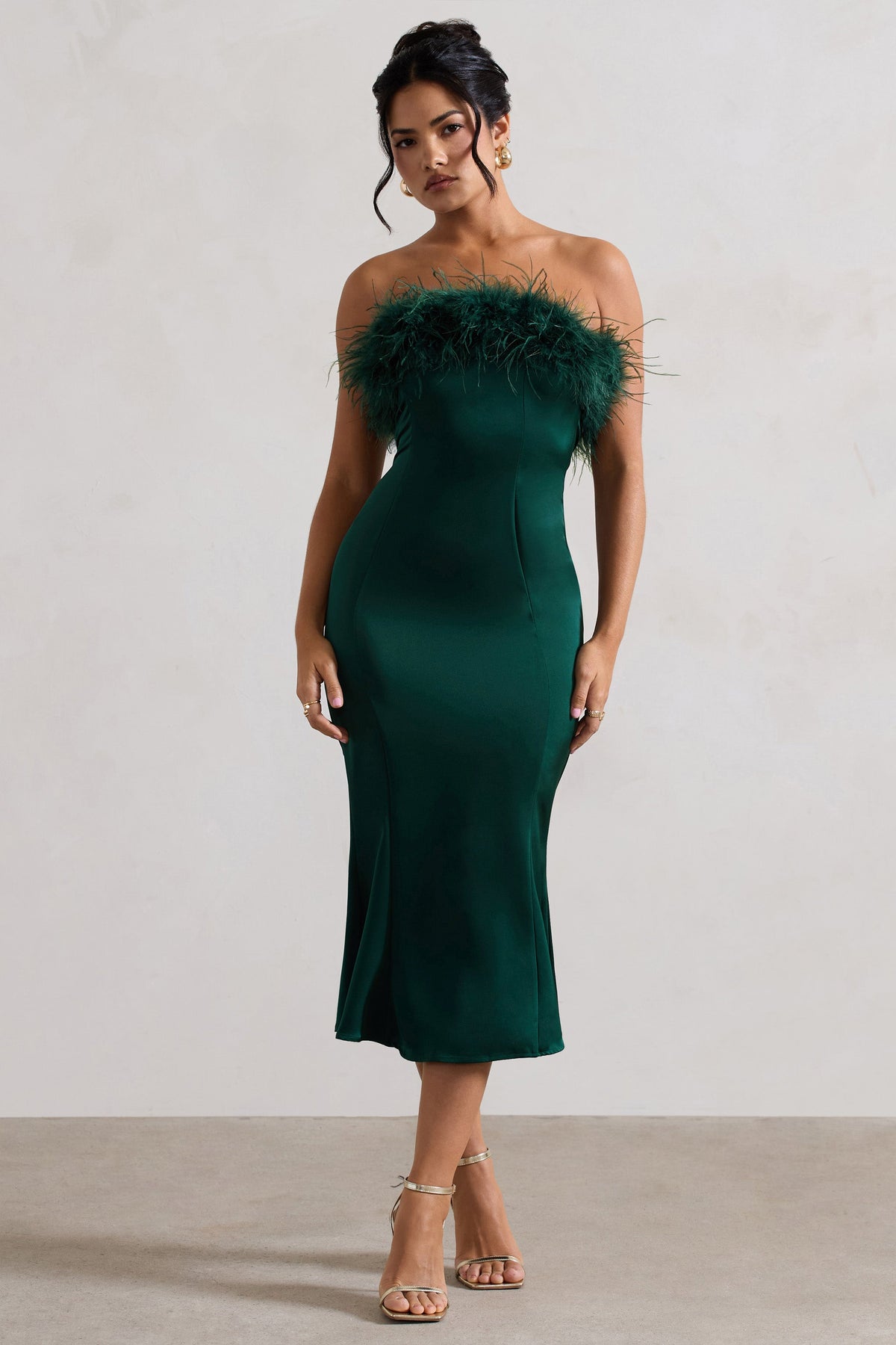 One And Only | Bottle Green Satin Feather Trim Midi Dress