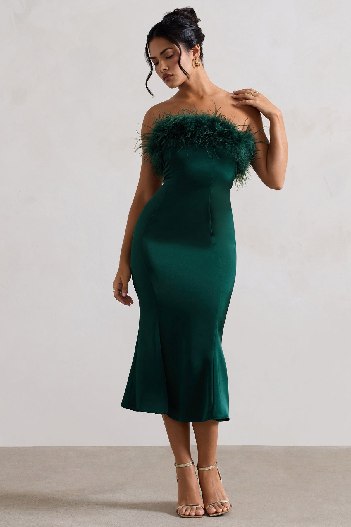 One And Only | Bottle Green Satin Feather Trim Midi Dress