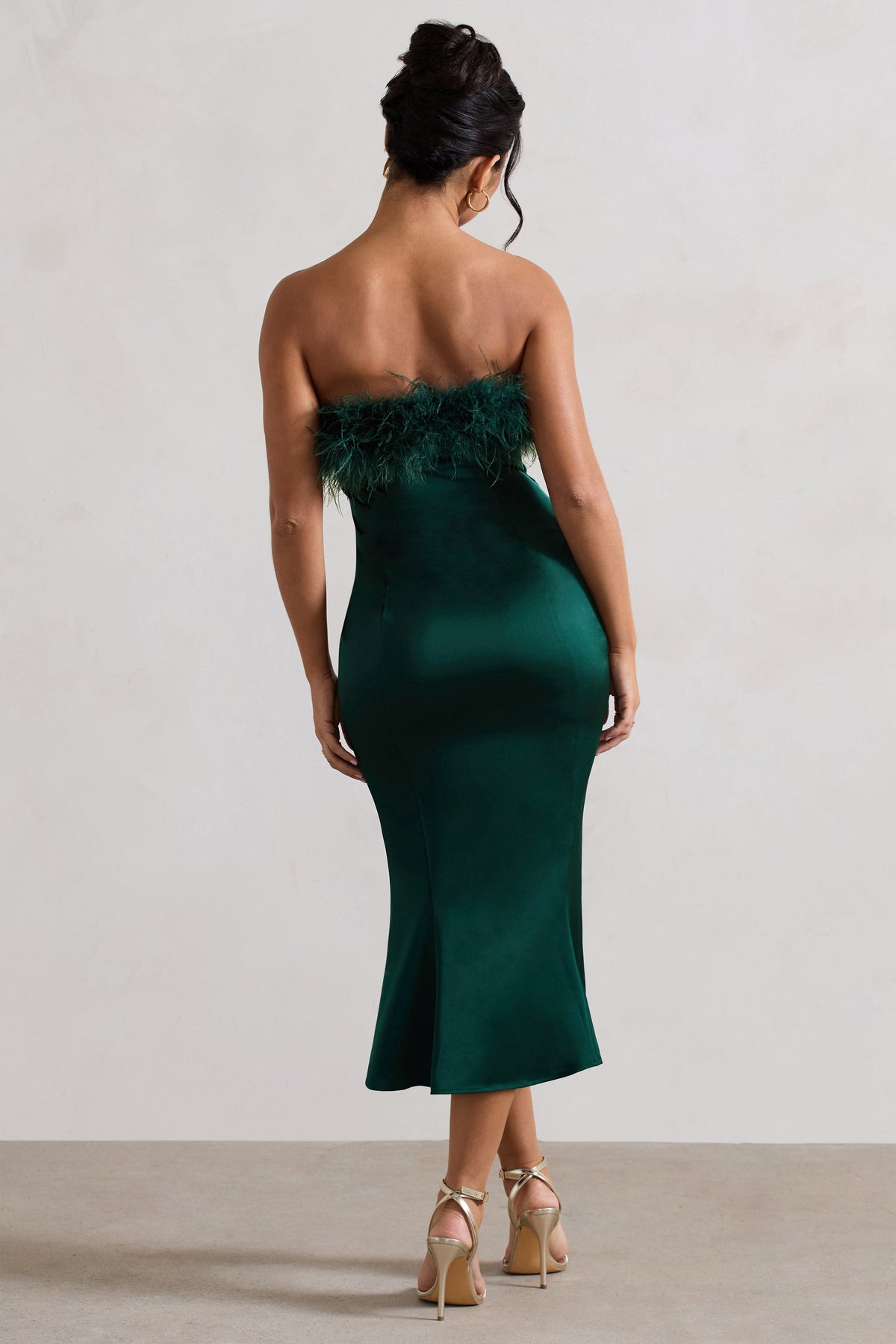 One And Only | Bottle Green Satin Feather Trim Midi Dress