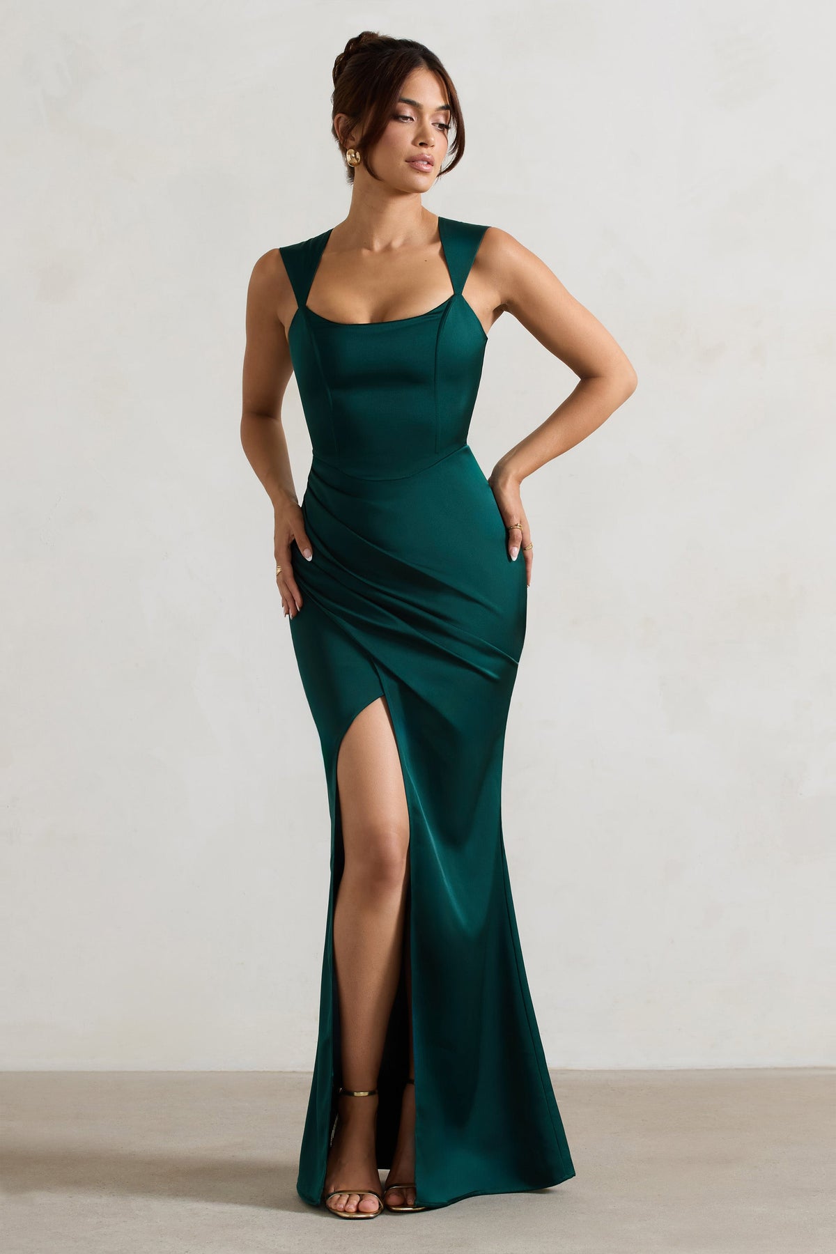 A Romantic | Bottle Green Satin Corset Wrap Maxi Dress