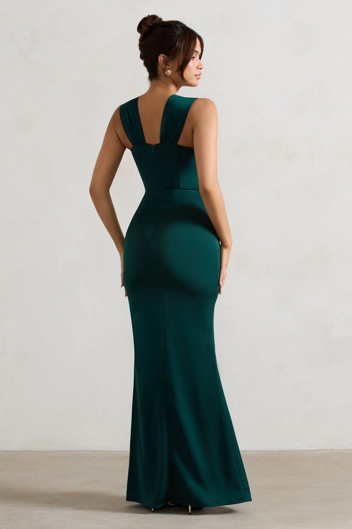 A Romantic | Bottle Green Satin Corset Wrap Maxi Dress