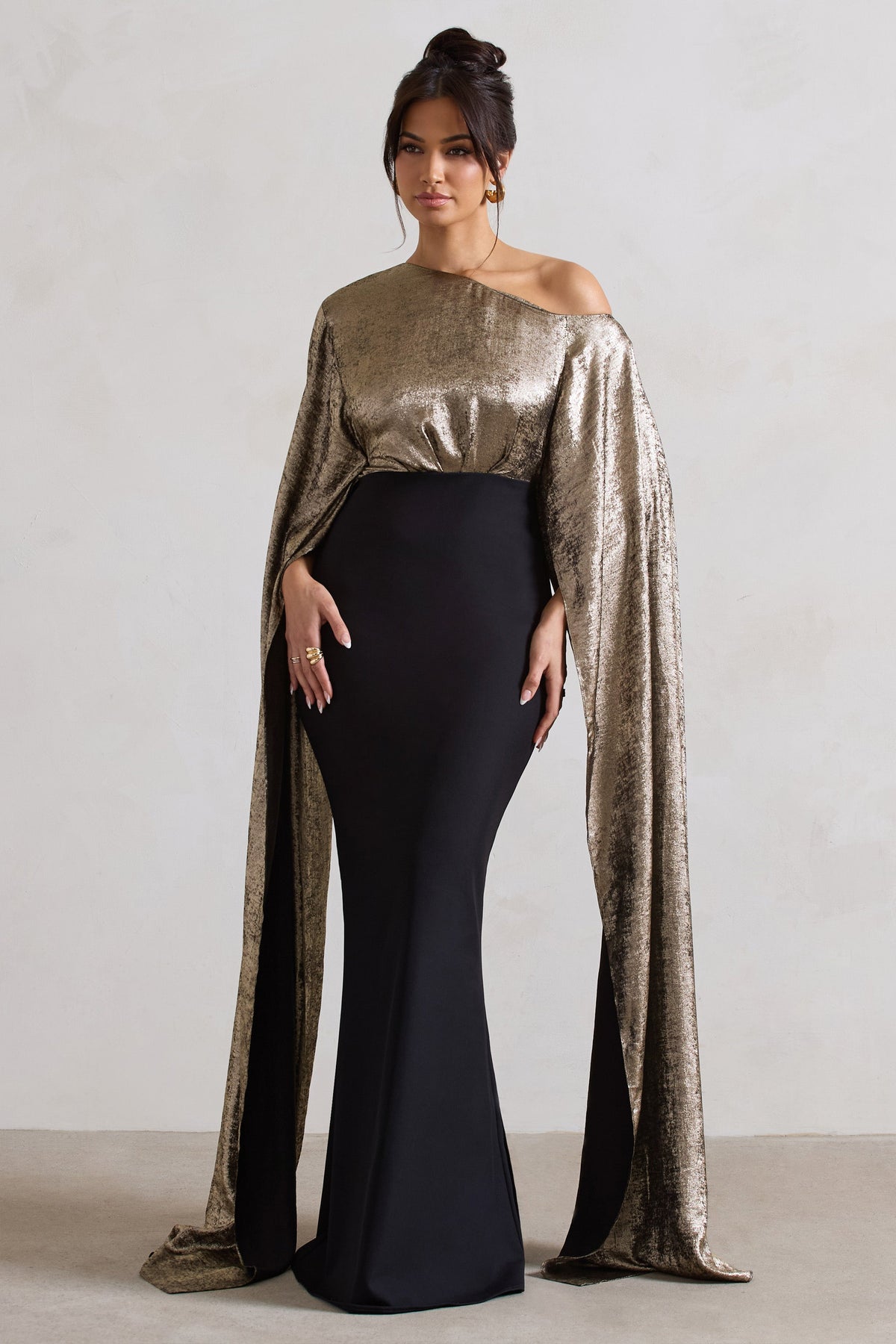 Alura | Black & Gold Metallic Asymmetric Cape Maxi Dress