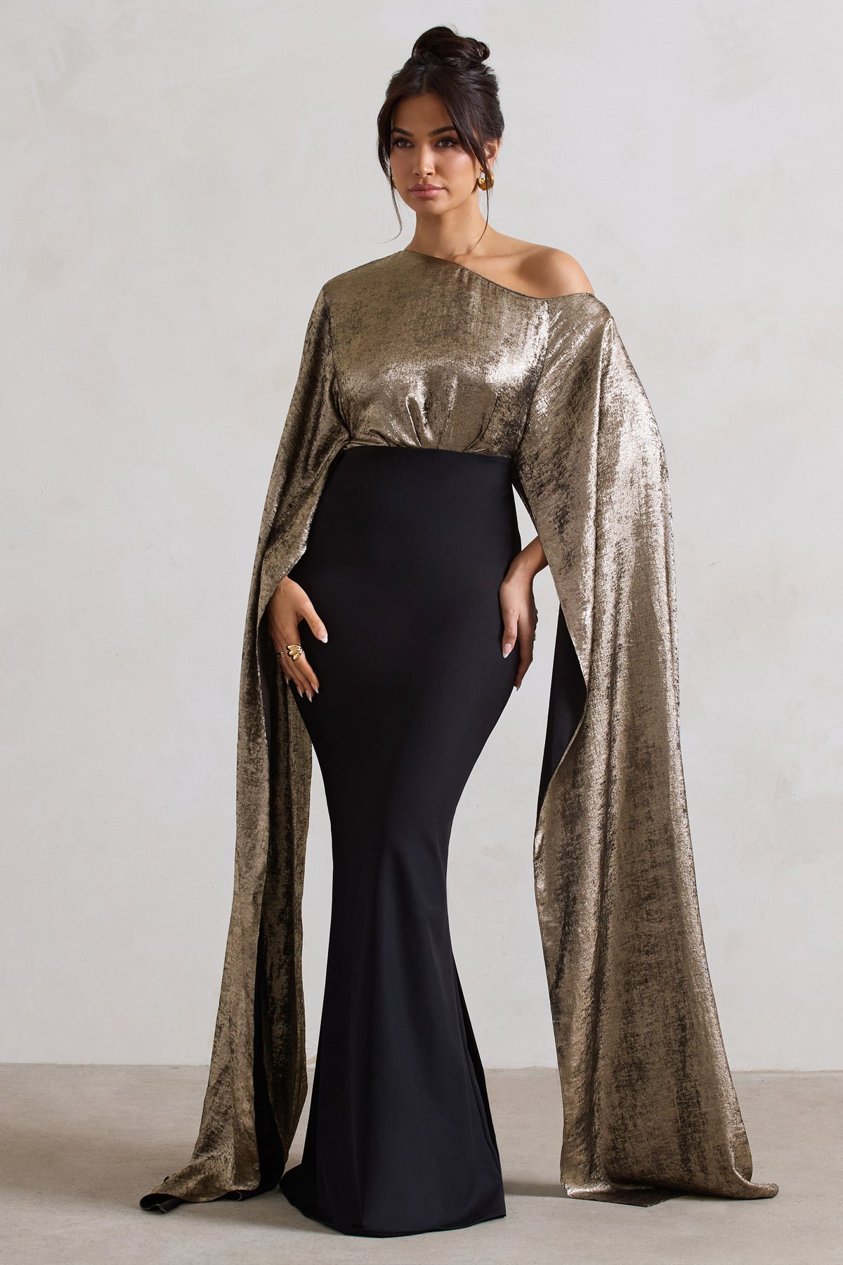 Alura | Black & Gold Metallic Asymmetric Cape Maxi Dress