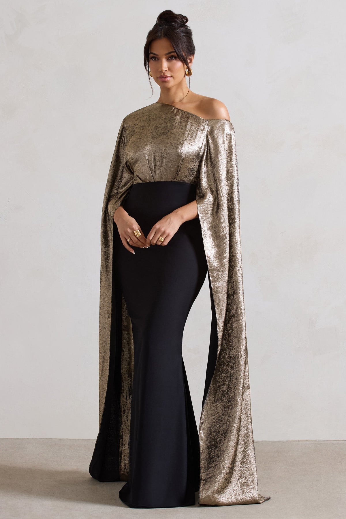 Alura | Black & Gold Metallic Asymmetric Cape Maxi Dress