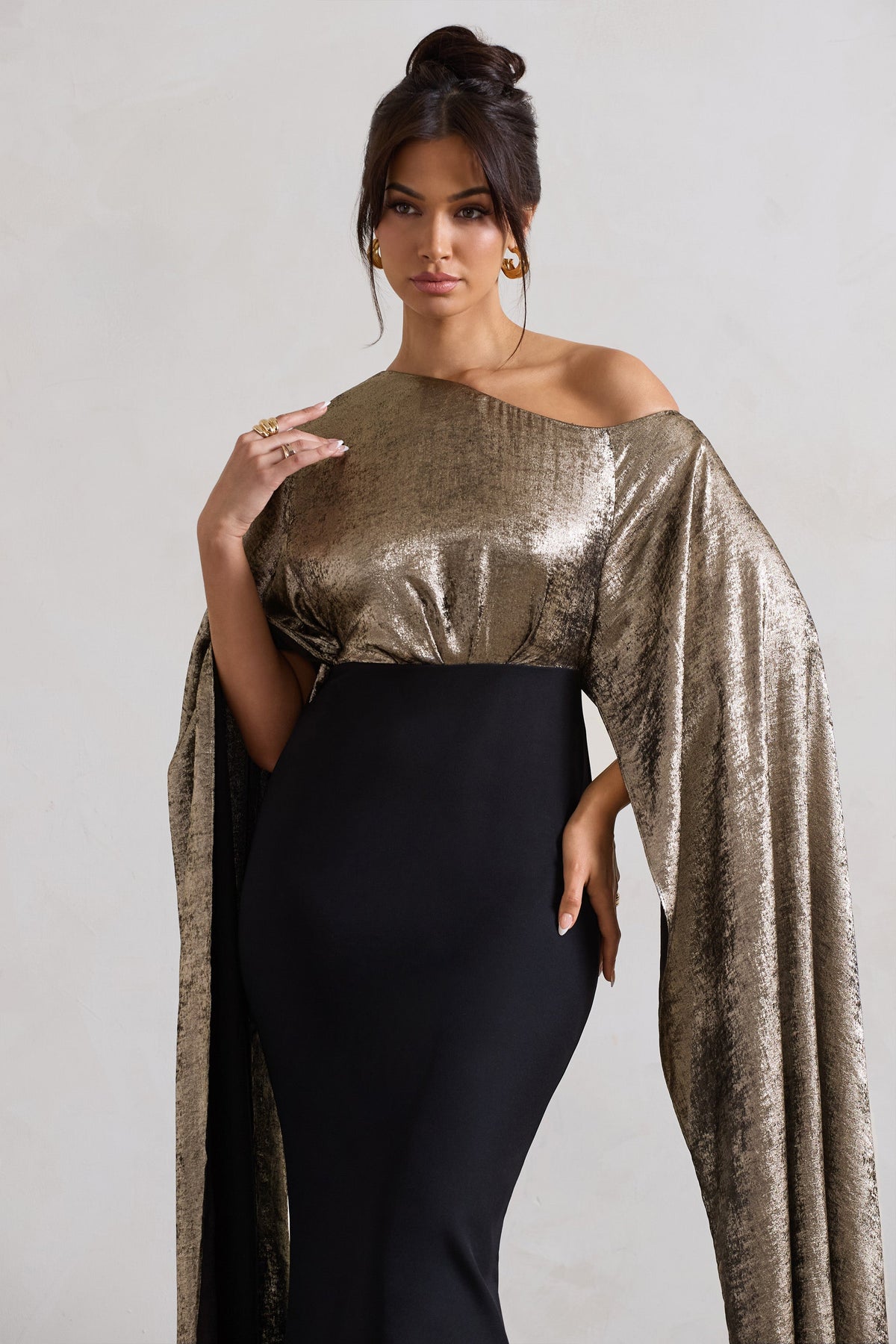 Alura | Black & Gold Metallic Asymmetric Cape Maxi Dress