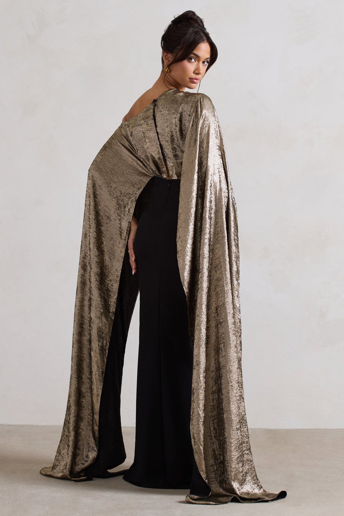 Alura | Black & Gold Metallic Asymmetric Cape Maxi Dress