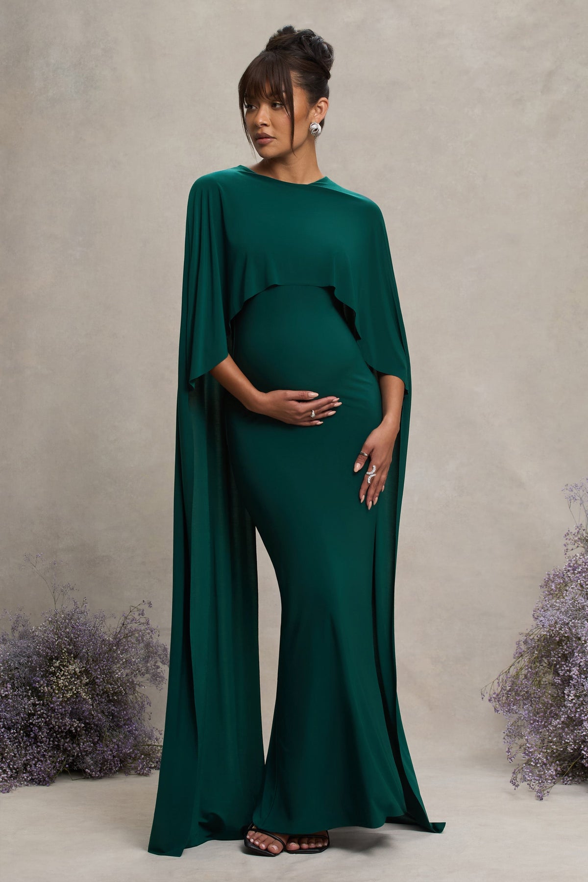 Padma | Bottle Green Draped Maternity Maxi Dress With Cape Sleeves