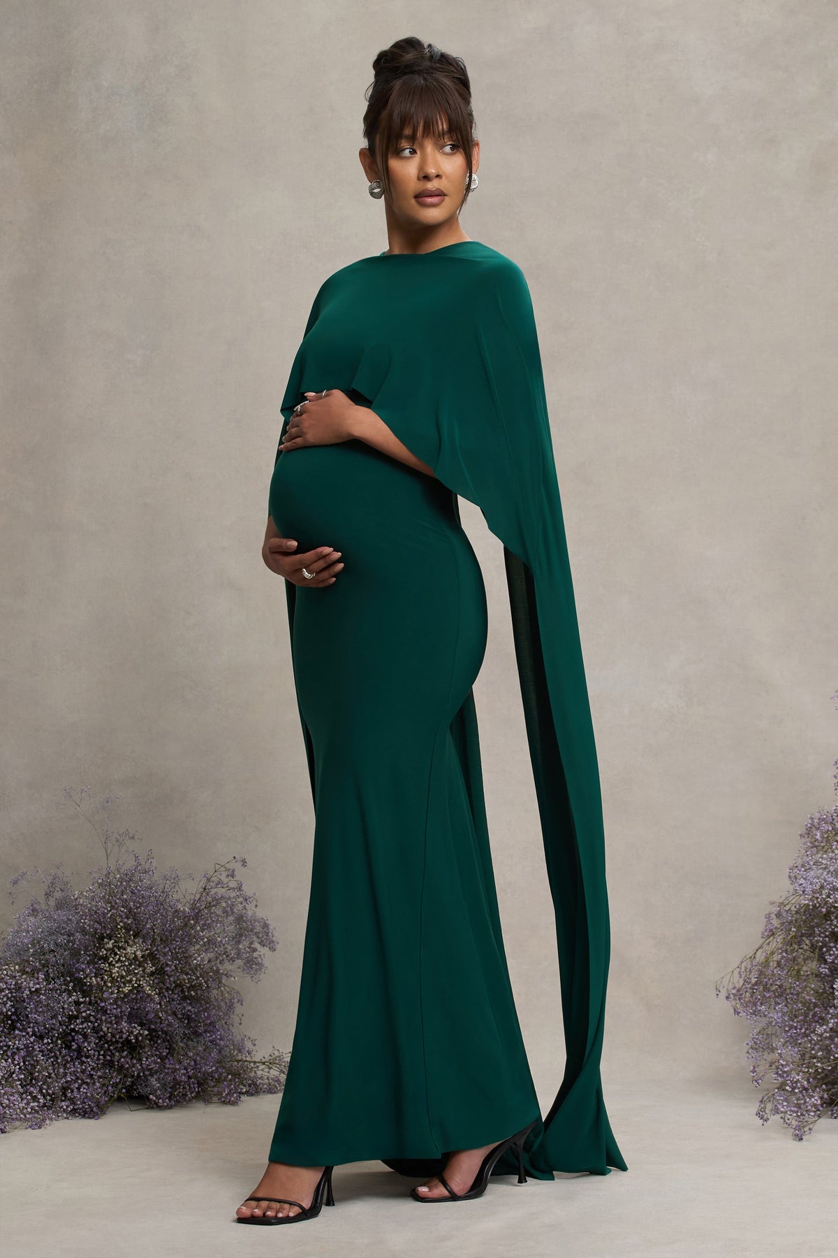 Padma | Bottle Green Draped Maternity Maxi Dress With Cape Sleeves