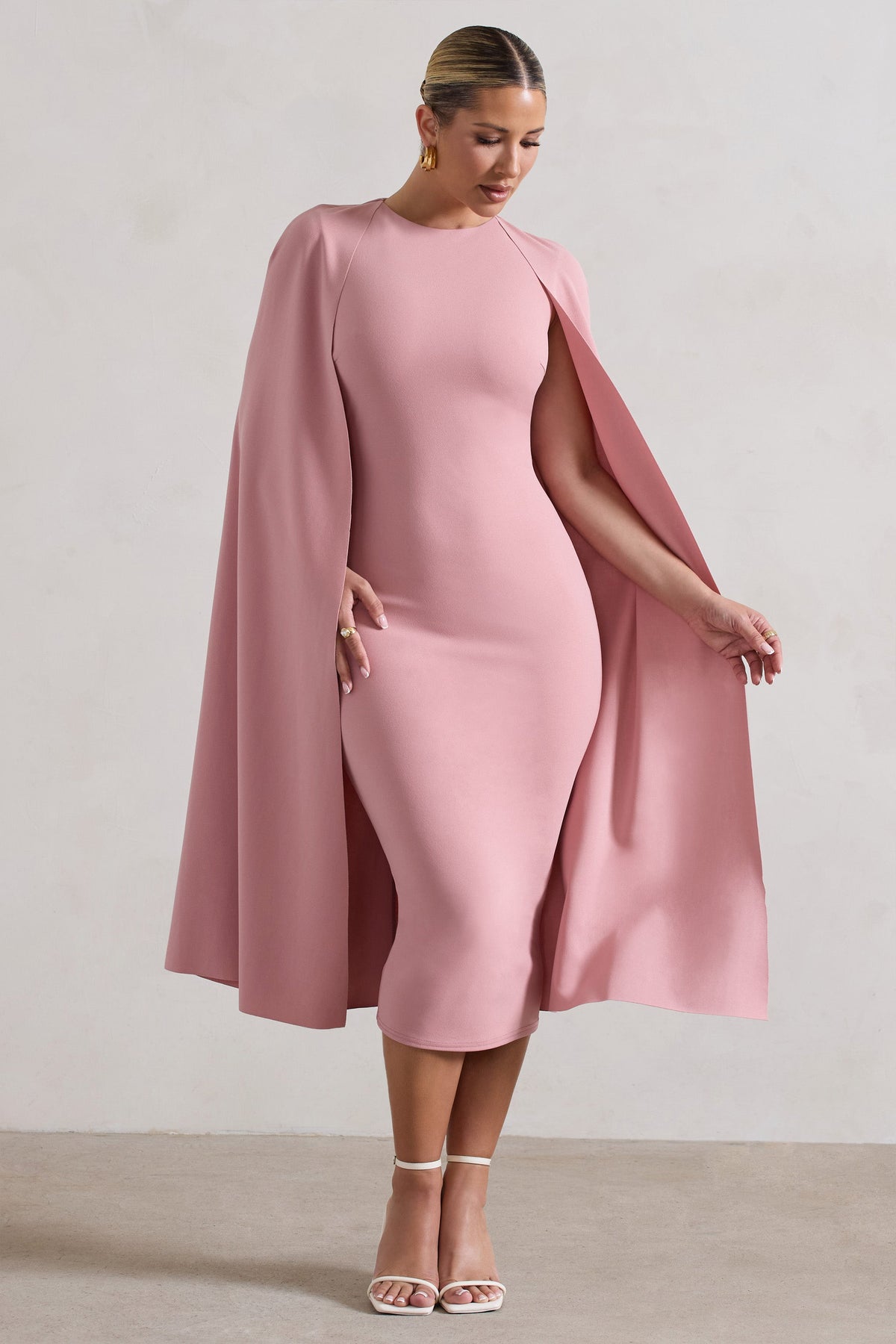 Rafaela | Blush Pink Bodycon Midi Dress With Cape Sleeves