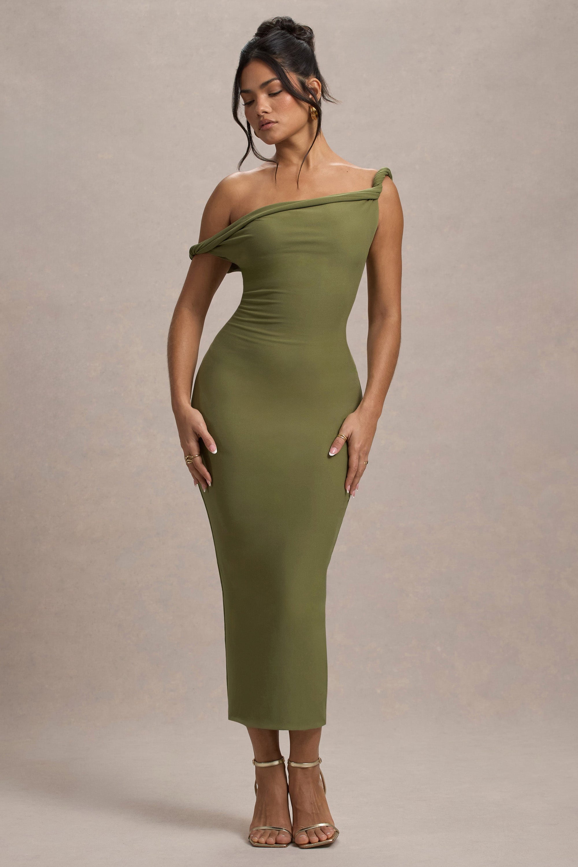Salome | Olive Twisted Asymmetric Midi Dress – Club L London
