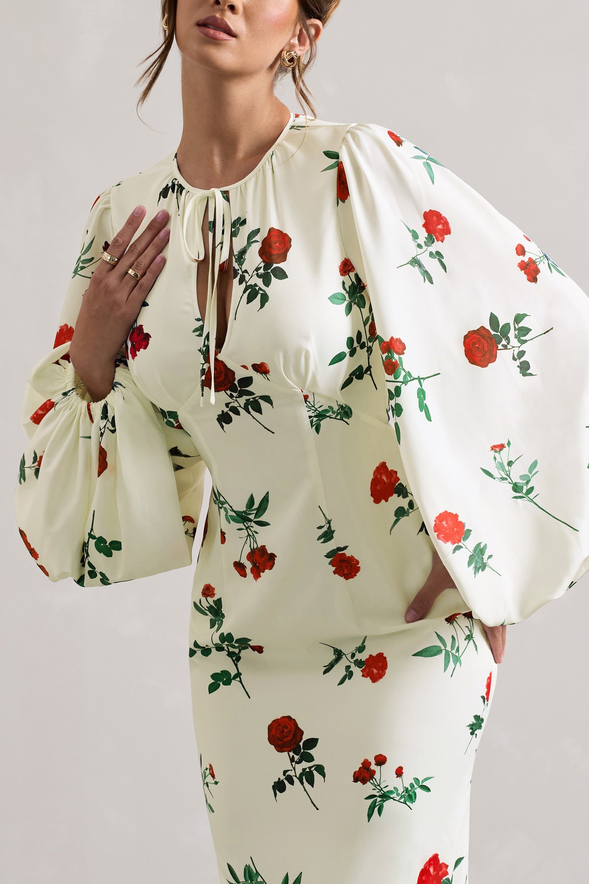 Wild Rose | Rose Print Satin Puff-Sleeve Cut-Out Maxi Dress