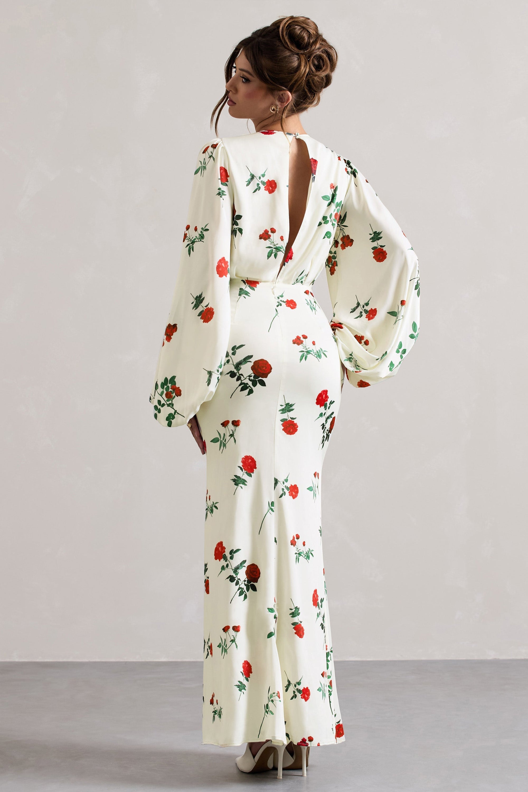 Wild Rose | Rose Print Satin Puff-Sleeve Cut-Out Maxi Dress