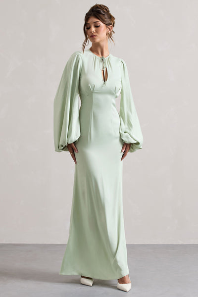 Wild Rose Light Green Puff-Sleeve Cut-Out Maxi Dress Club L London - SA Wild Rose Light Green Puff-Sleeve Cut-Out Maxi Dress Club L London - SA