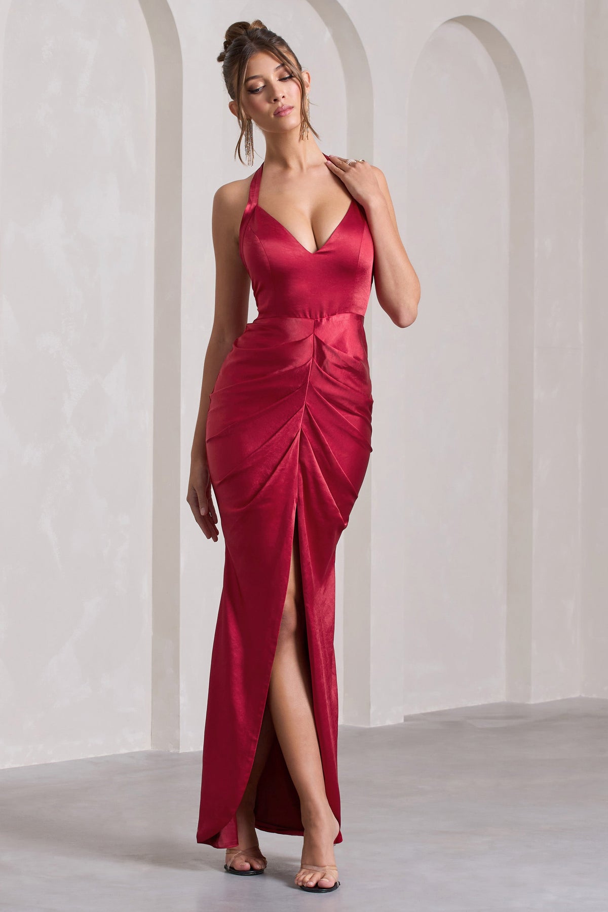 Rebecca | Red Satin Plunge Halter-Neck Open-Back Split Maxi Dress