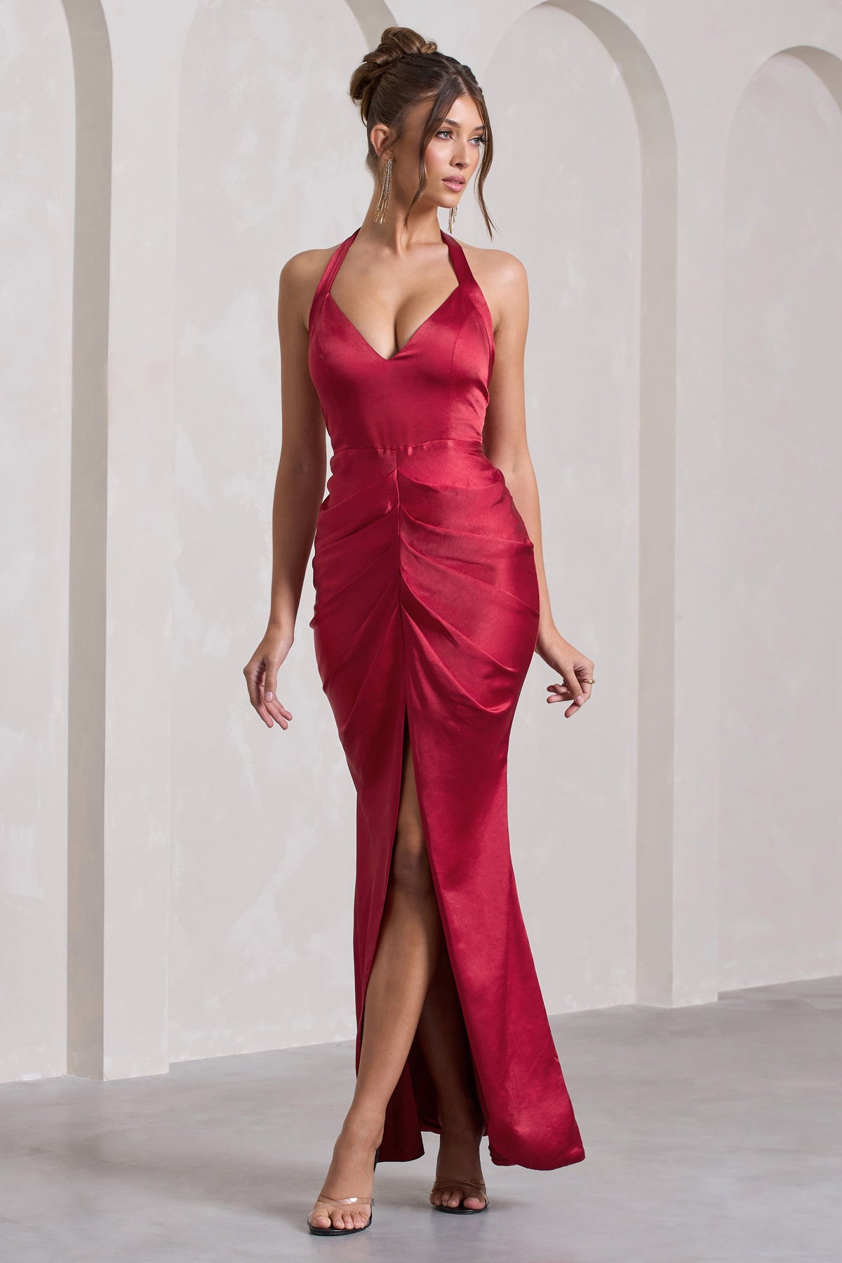 Rebecca | Red Satin Plunge Halter-Neck Open-Back Split Maxi Dress