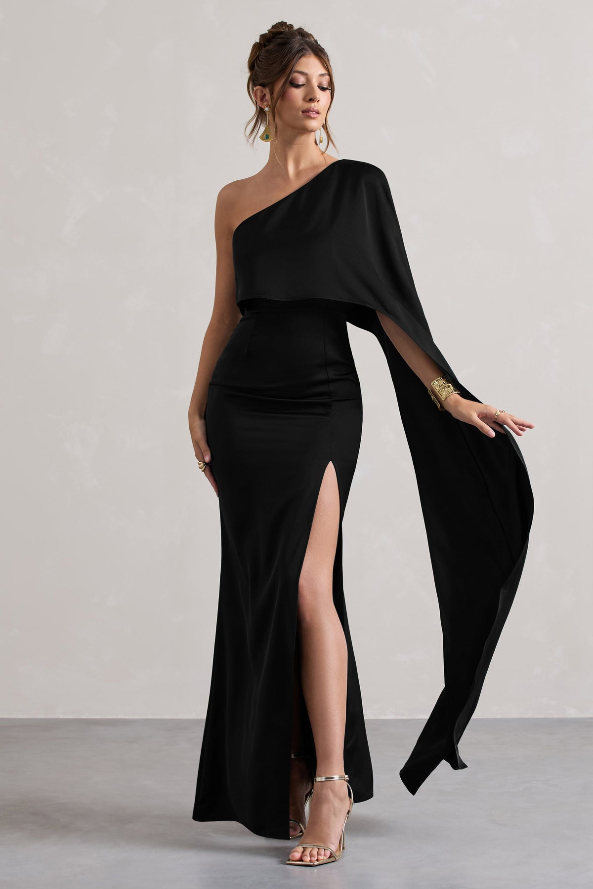 Amora | Black Satin Asymmetric Cape-Sleeve Split Maxi Dress