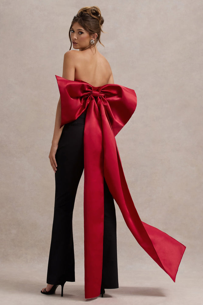 Sweet Escape Red Satin Crop Top With Oversized Satin Bow – Club L