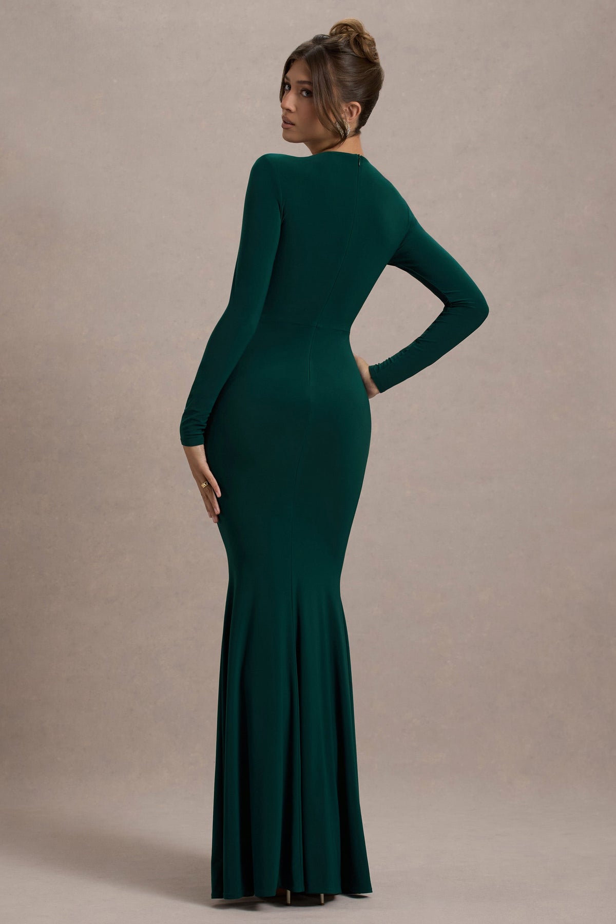 Leslie | Bottle Green Long-Sleeve Twisted Split Maxi Dress