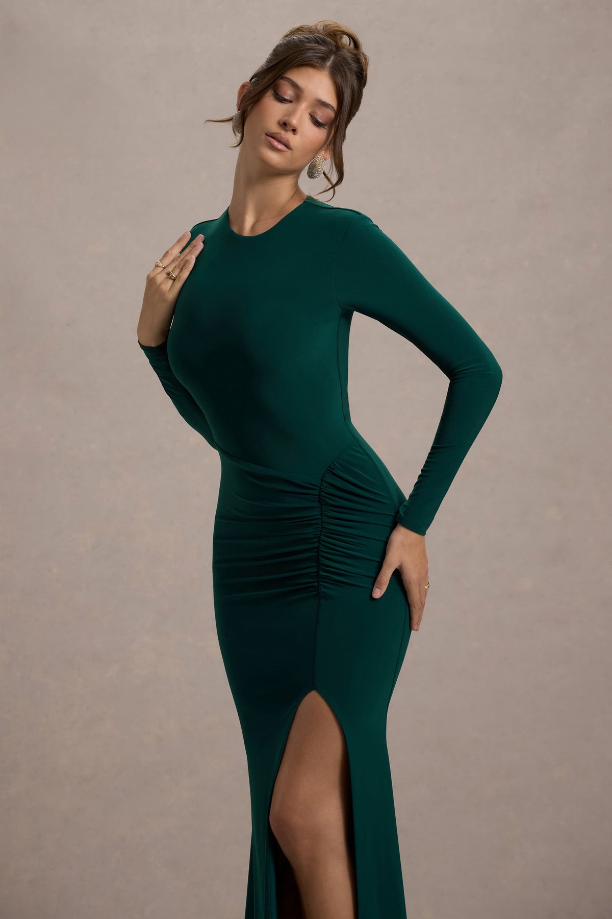 Leslie | Bottle Green Long-Sleeve Twisted Split Maxi Dress