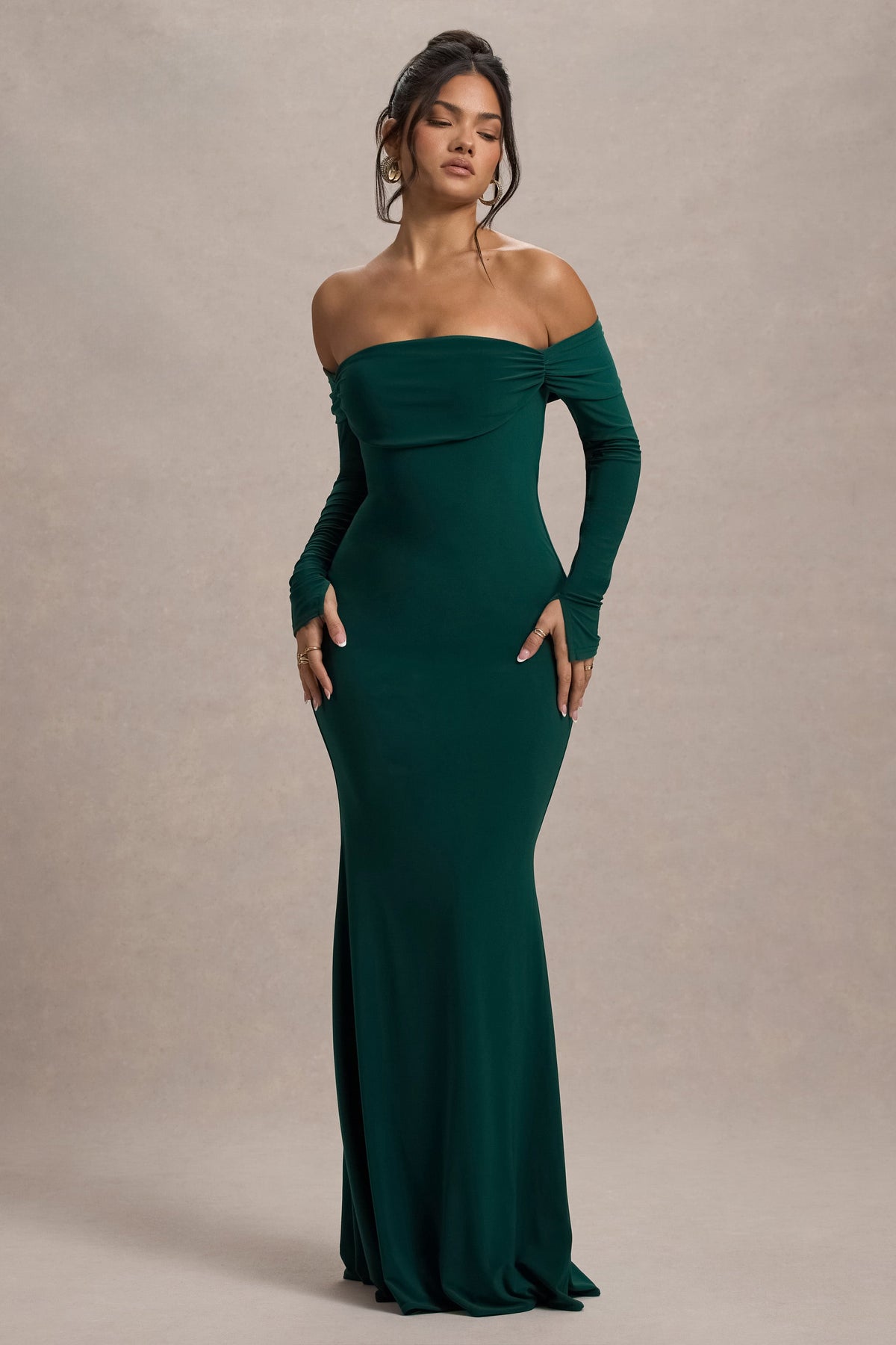 Amaia | Bottle Green Bardot Long-Sleeve Maxi Dress