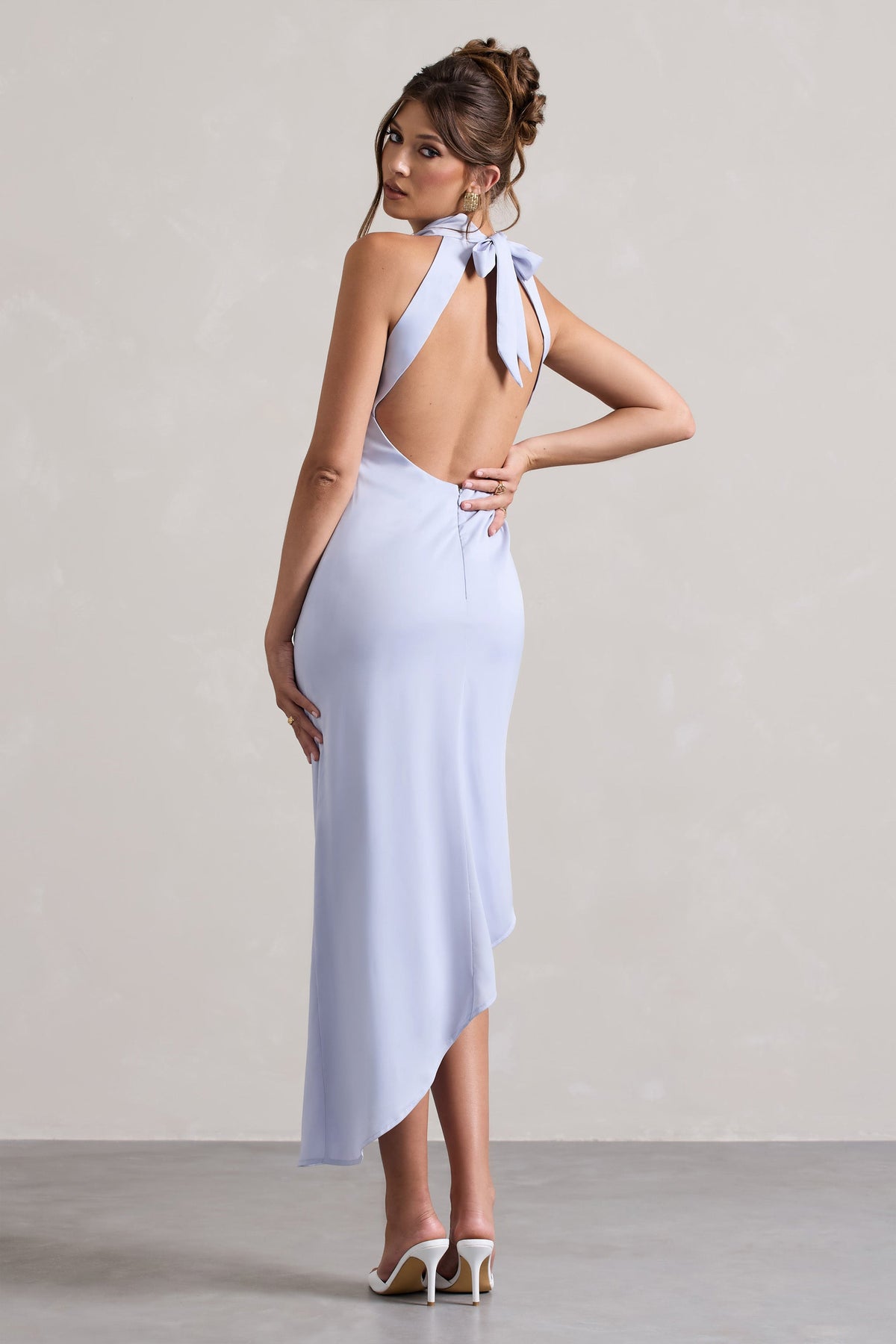 Sophina | Sky Blue Satin Cowl-Neck Asymmetric Midi Dress