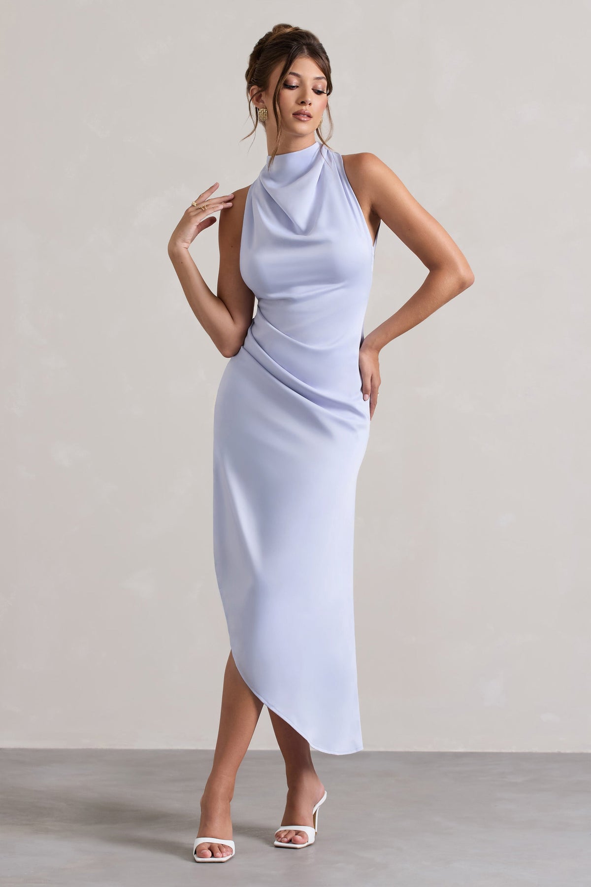 Sophina | Sky Blue Satin Cowl-Neck Asymmetric Midi Dress