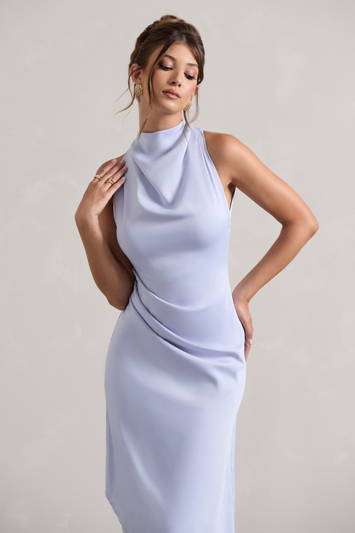 Sophina | Sky Blue Satin Cowl-Neck Asymmetric Midi Dress