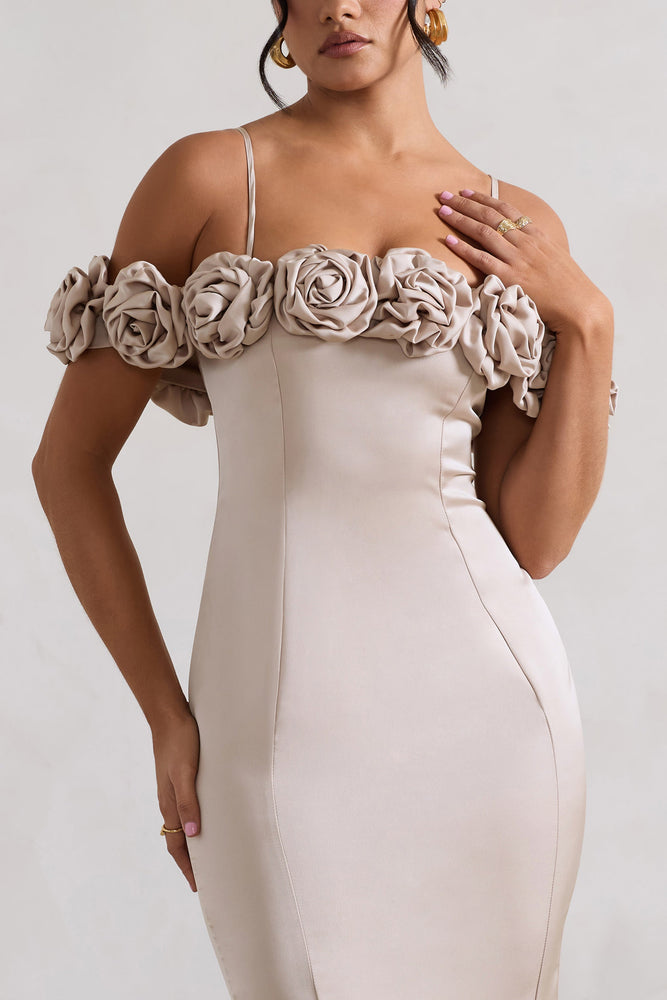 white christmas dresses Petunia Champagne Satin Floral Bardot Midi Dress – Club L London