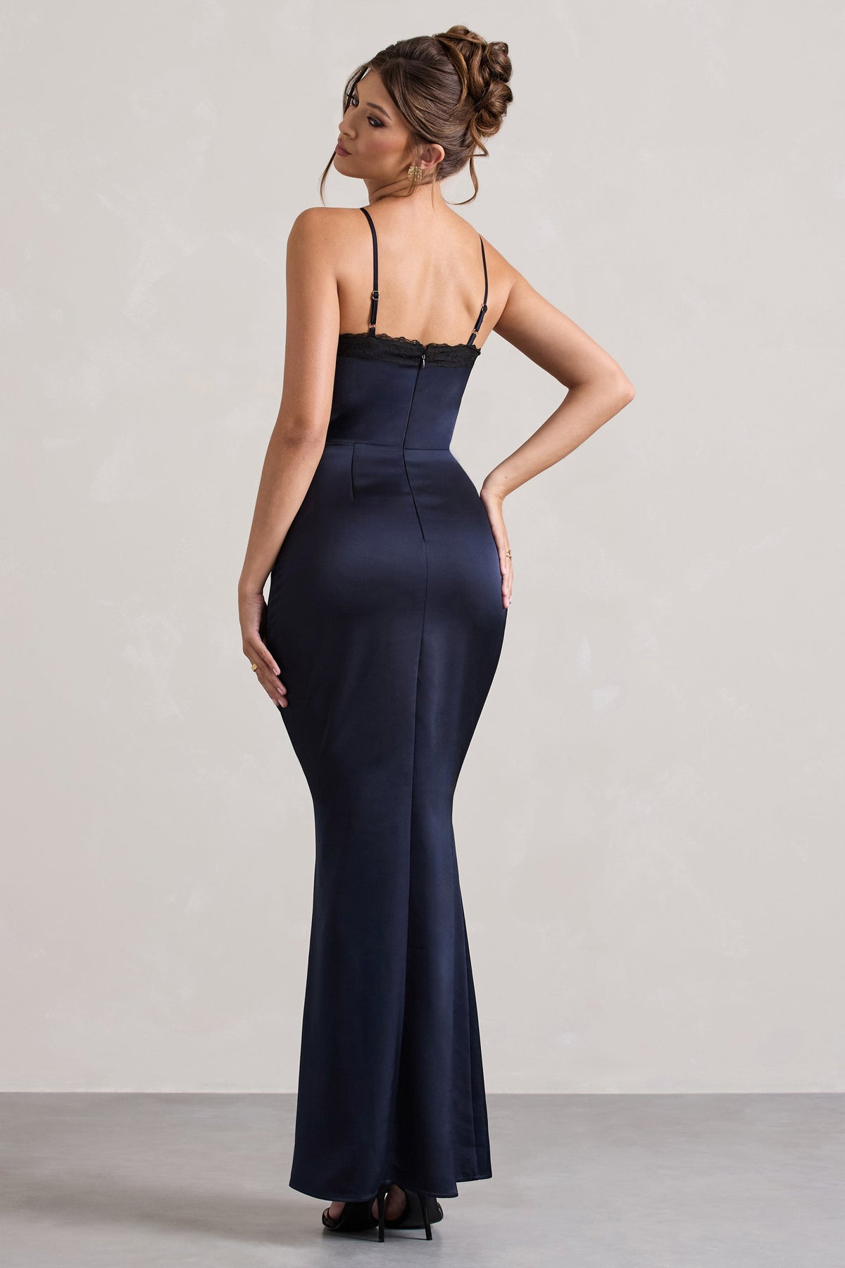 Brescia | Navy Satin Cut-Out Maxi Dress With Lace Trim