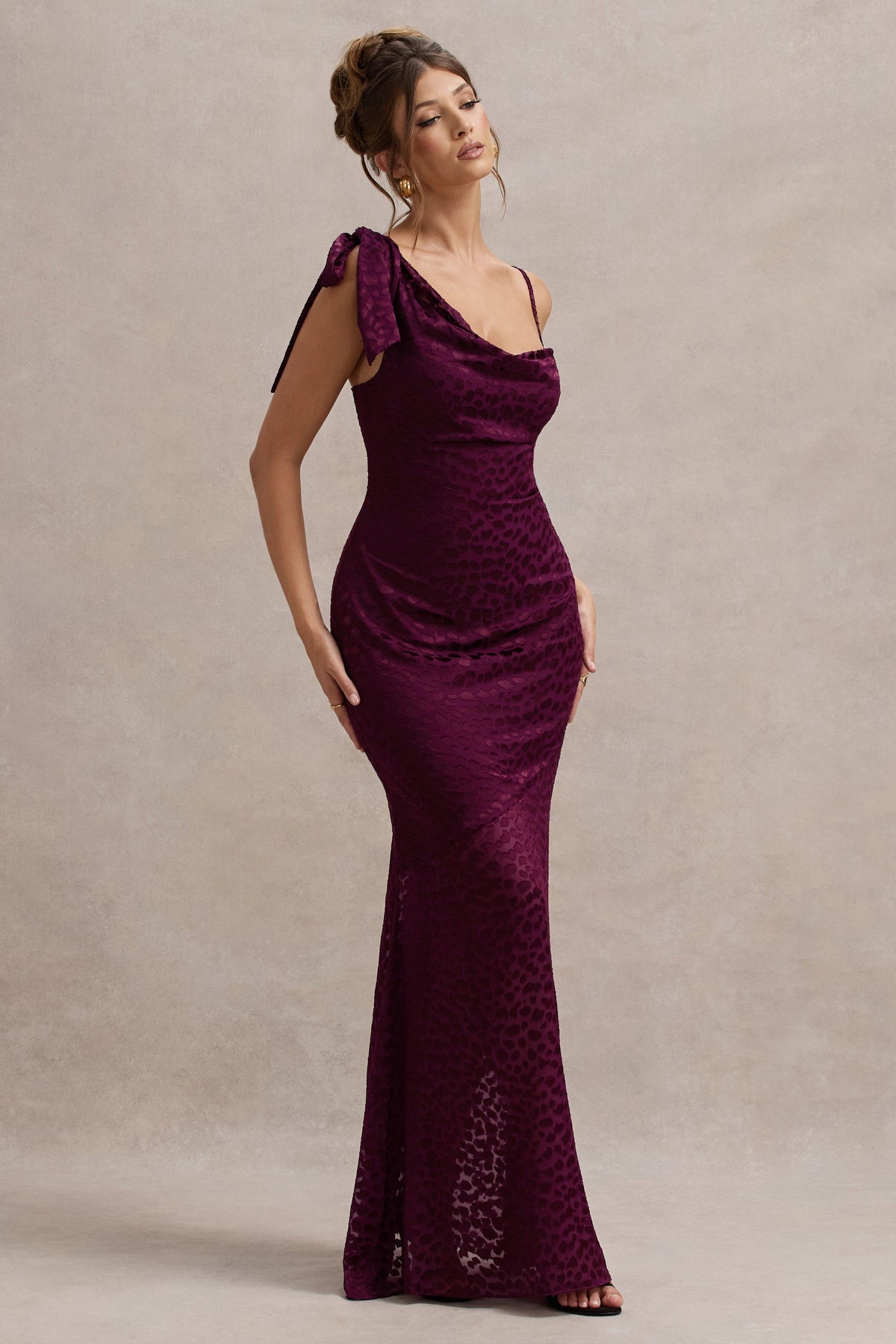 Sangria | Burgundy Satin Jacquard Cowl-Neck Maxi Dress