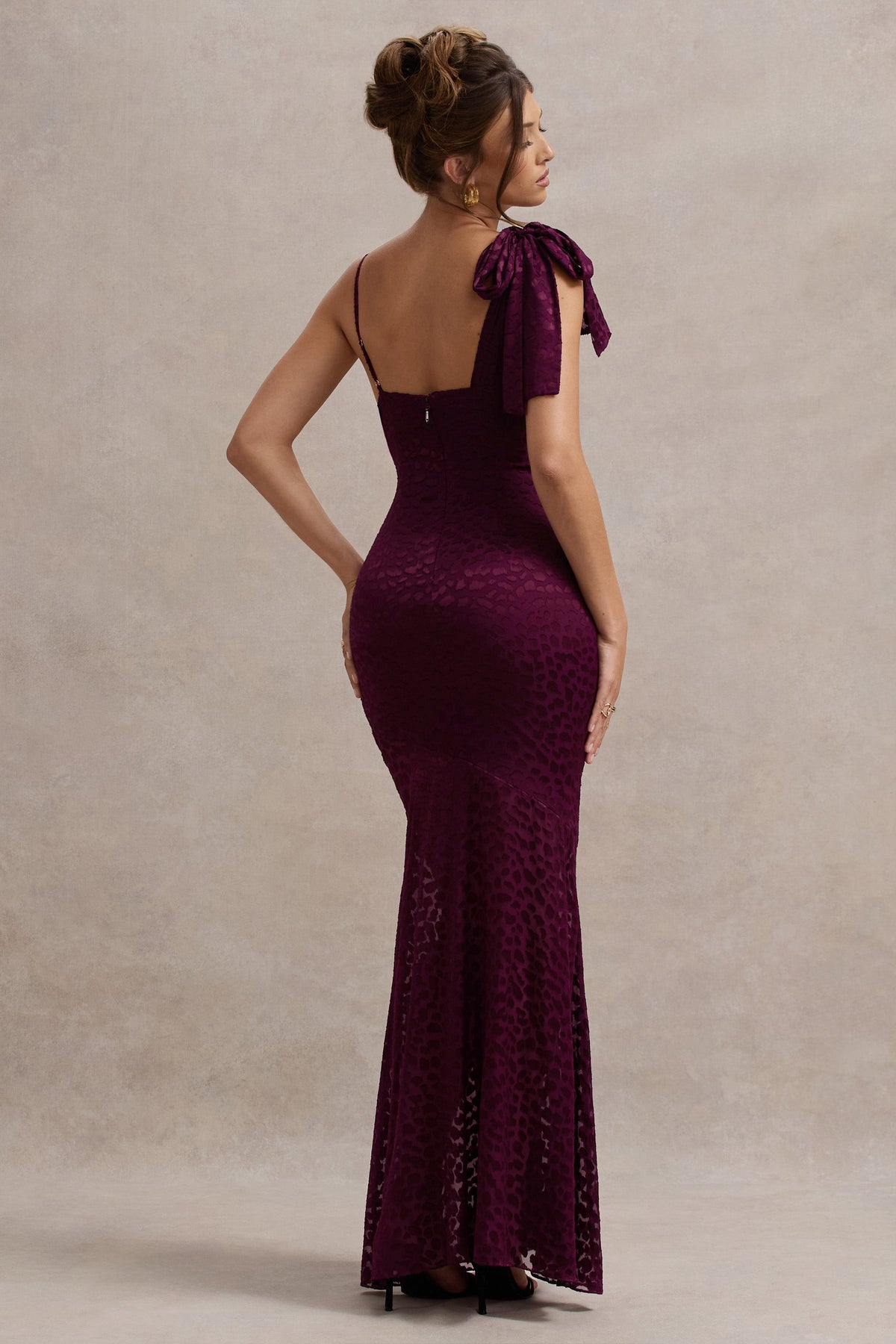 Sangria | Burgundy Satin Jacquard Cowl-Neck Maxi Dress