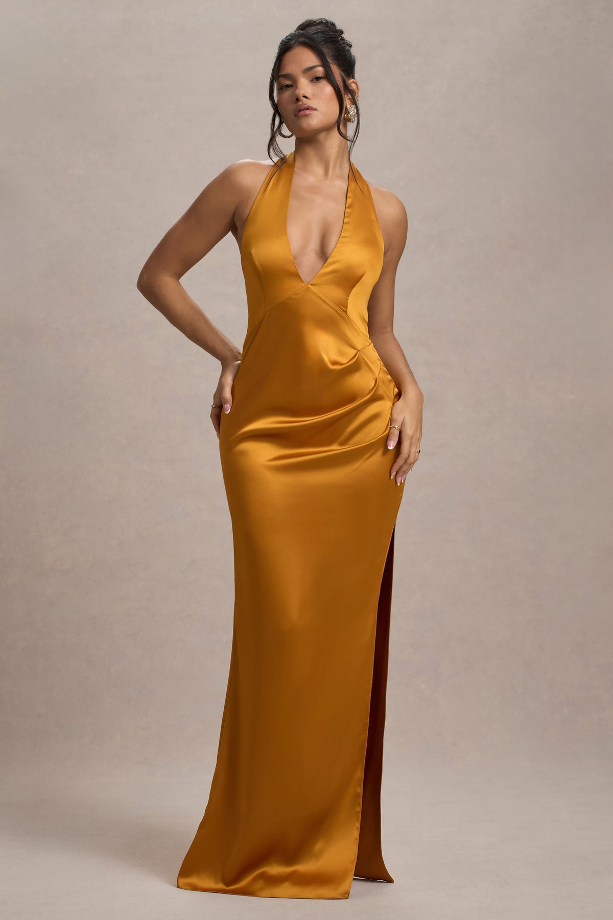 Inferno | Mustard Satin Plunge-Neck Gathered Split Maxi Dress