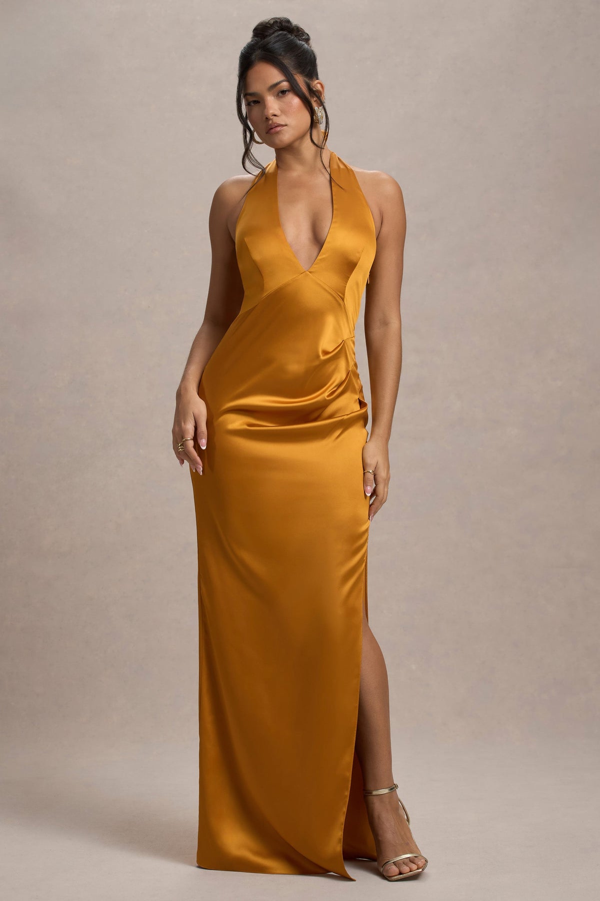 Inferno | Mustard Satin Plunge-Neck Gathered Split Maxi Dress