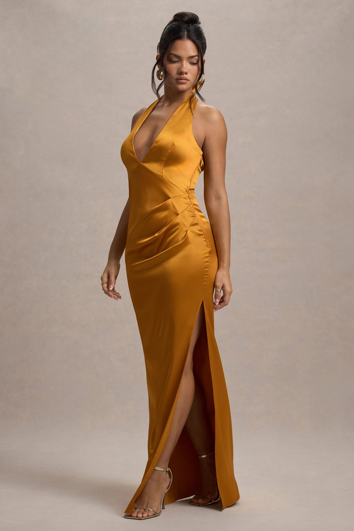 Inferno | Mustard Satin Plunge-Neck Gathered Split Maxi Dress